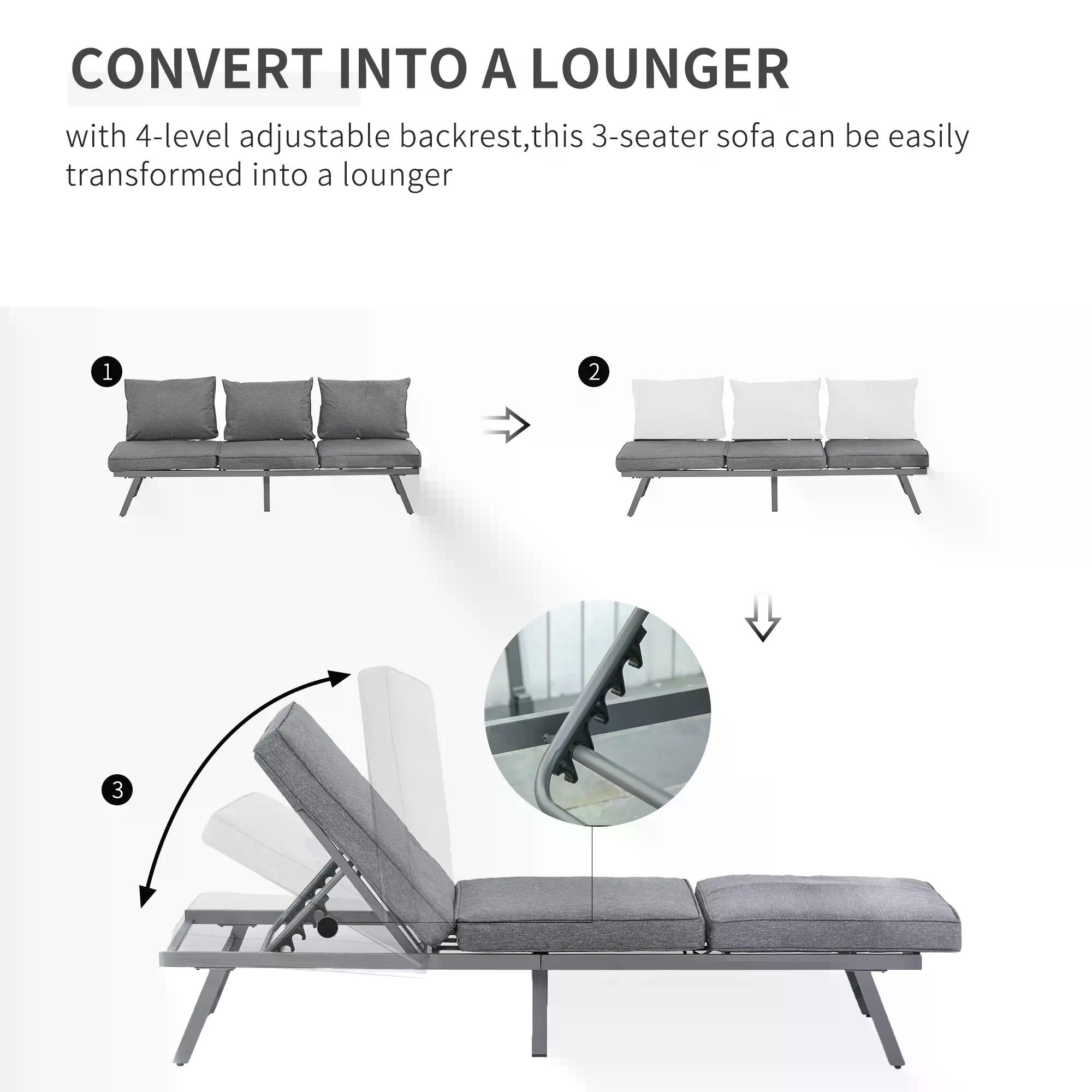 Outsunny 3 Pieces Garden Furniture Sets, 6 Seater Corner Sofa Set with Adjustable Backrest Chase Lounge with Slatted Metal Top Table, Padded Cushion, Grey