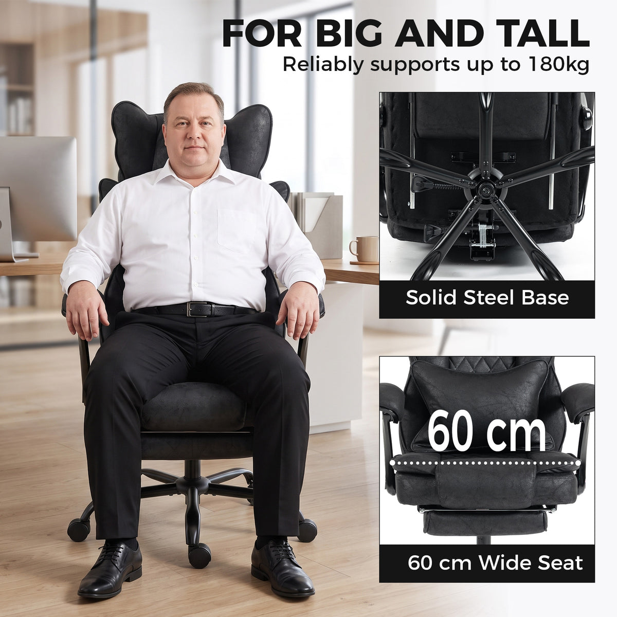 HOMCOM Executive Office Chair, Leathaire Big and Tall Office Chair 180 kg with Wide Seat, Reclining, Lumbar Support, Black