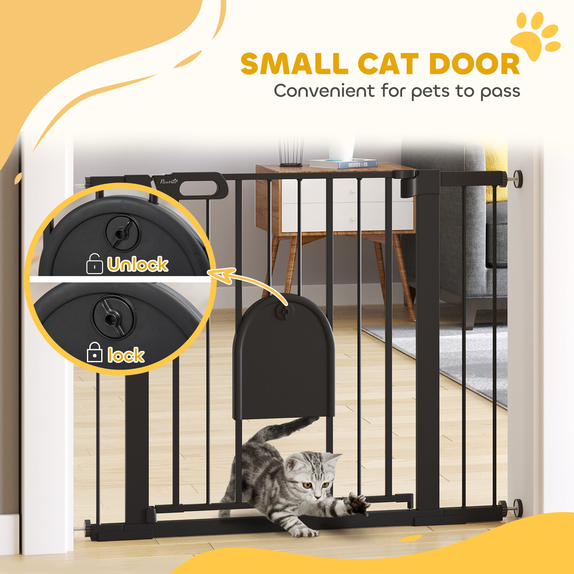 PawHut Dog Gate with Cat Flap Pet Safety Gate Barrier, Stair Pressure Fit, Auto Close, Double Locking, for Doorways, Hallways, 75-103 cm Black - North Peak Garden Furniture