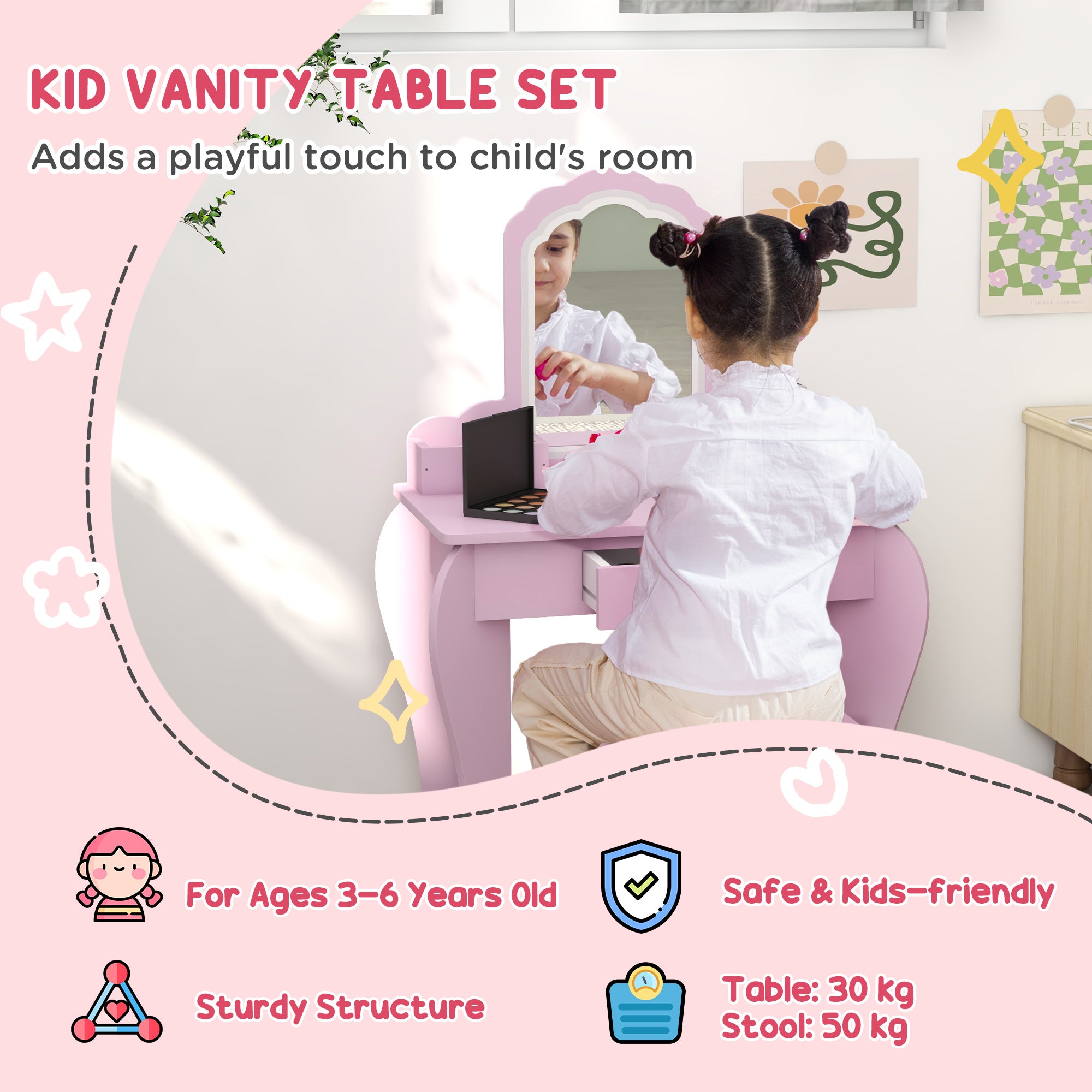 ZONEKIZ Kids Vanity Table with Mirror, Stool, Drawer, Storage Boxes, Cloud Design, for Ages 3-6 Years - Pink - North Peak Garden Furniture