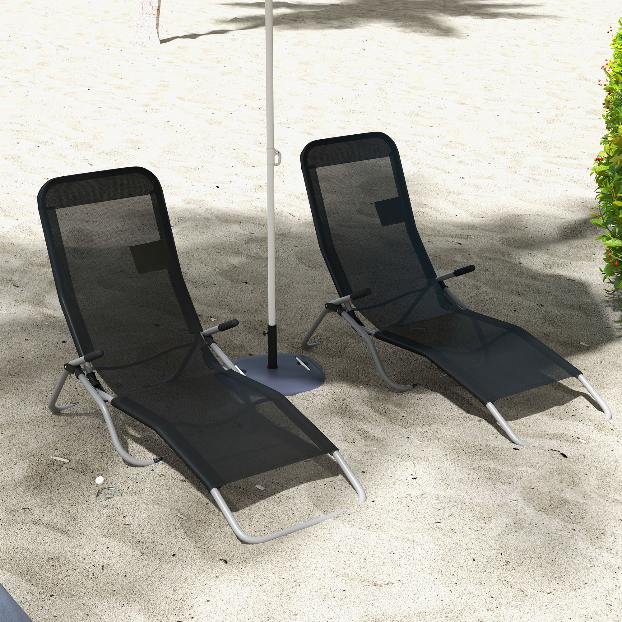 Outsunny Set of 2 Outdoor Patio Chaise Recliner Portable Lounge Chairs w/ Rust-Resistant Steel Frame & Adjustable Backrest, Grey - North Peak Garden Furniture
