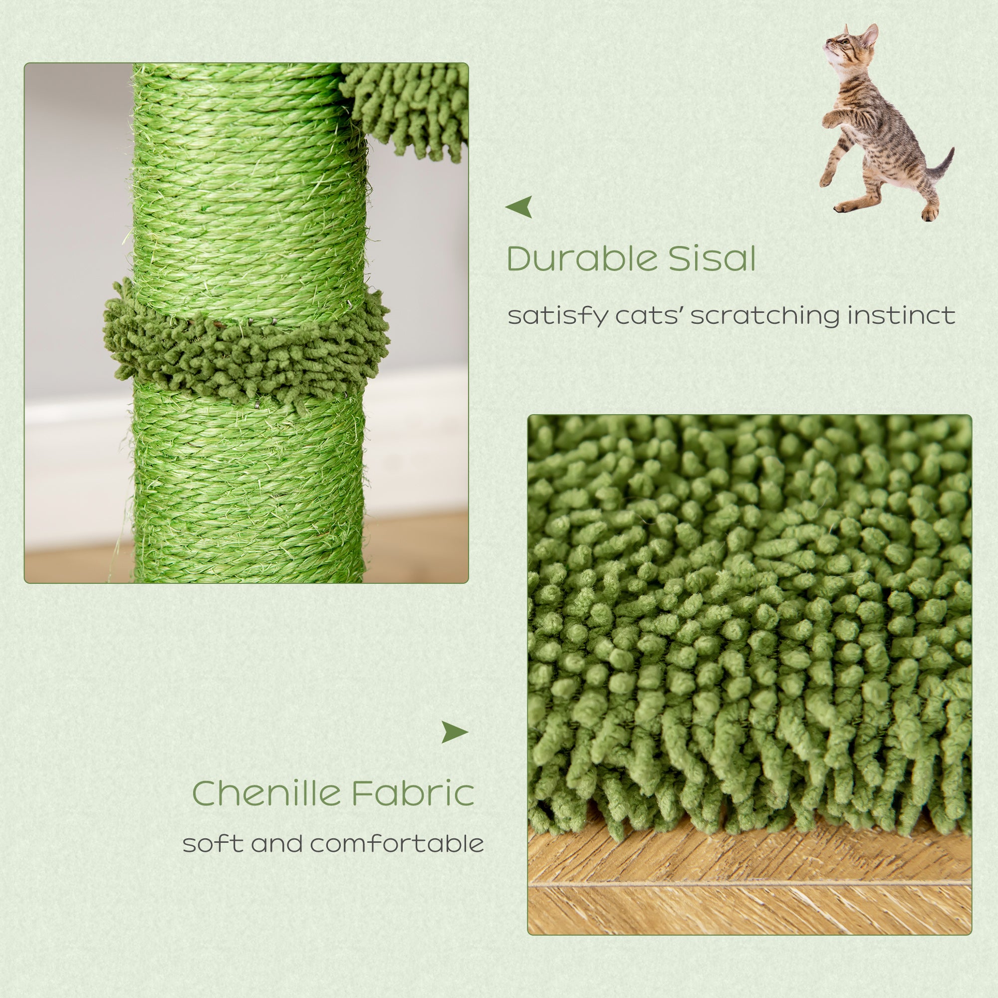PawHut Cactus Cat Tree Tower for Indoor Cats Sisal Scratching Post with Hammock Bed Dangling Ball 40 x 40 x 96 cm - North Peak Garden Furniture