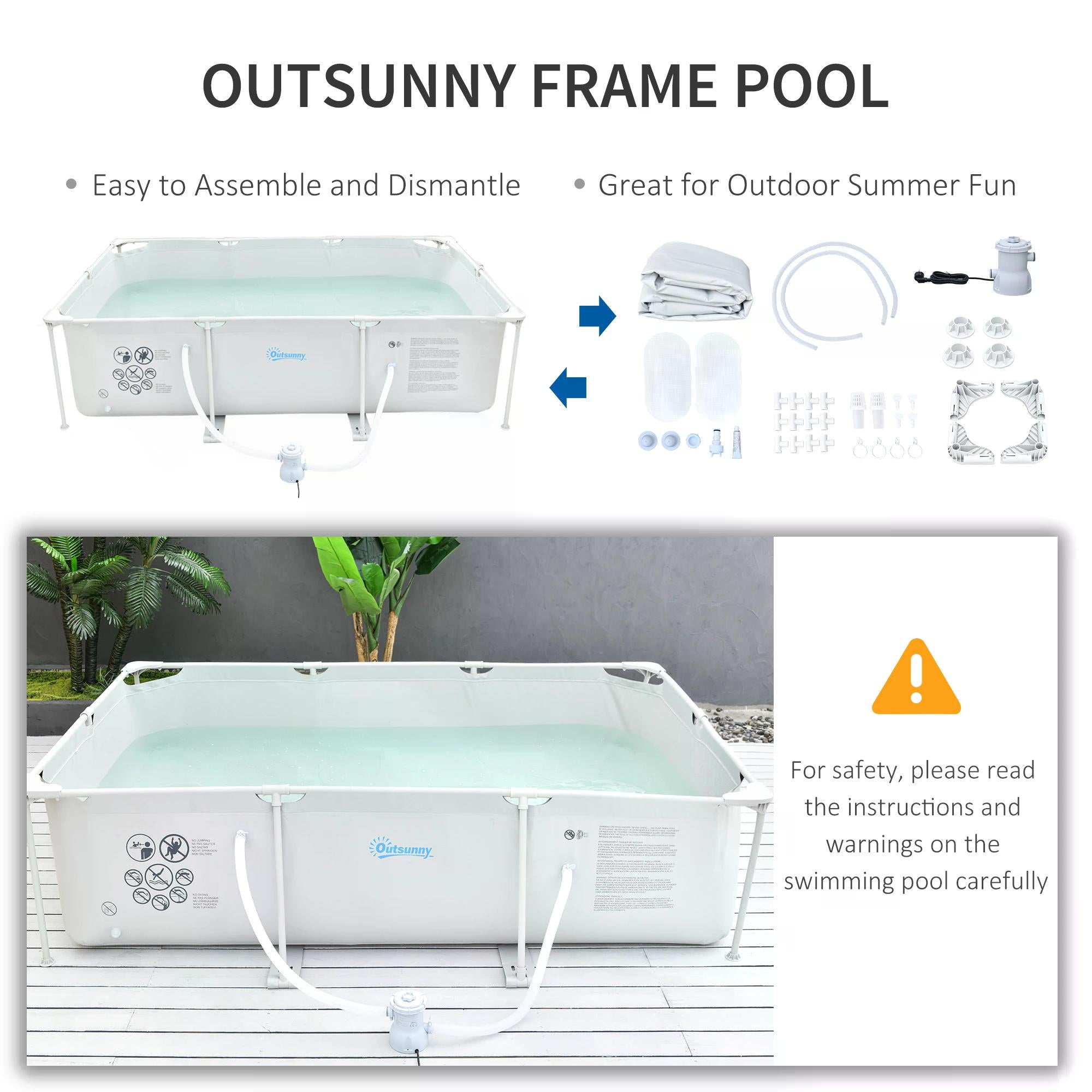 Outsunny Steel Frame Pool with Filter Pump, Filter Cartridge, Reinforced Sidewalls Rust Resistant Above Ground Swimming Pool 292 x 190 x 75cm, Grey