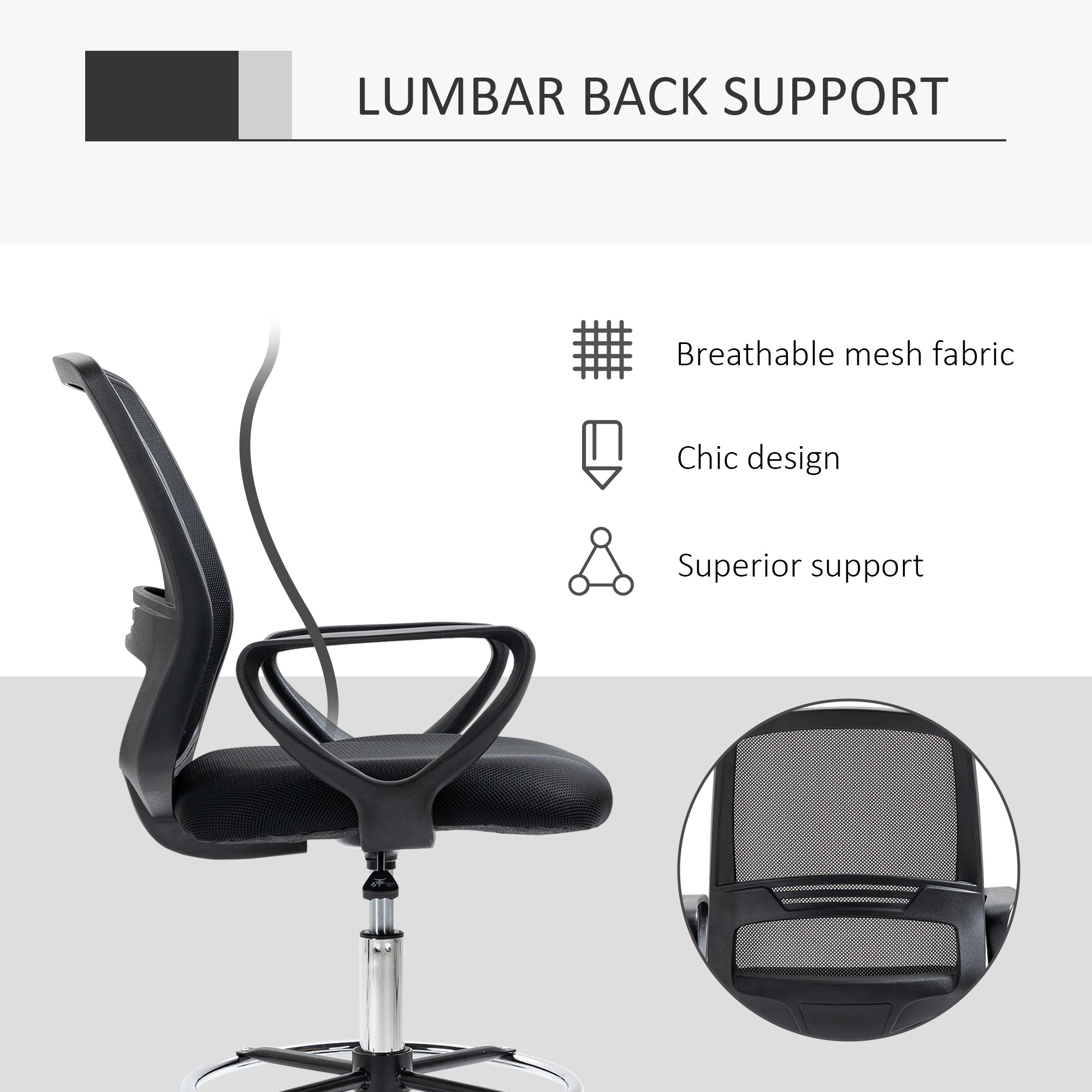Vinsetto Ergonomic Mesh Back Drafting Chair, Tall Office Chair, Draughtsman Chair with Adjustable Height and Footrest 360° Swivel, Black - North Peak Garden Furniture