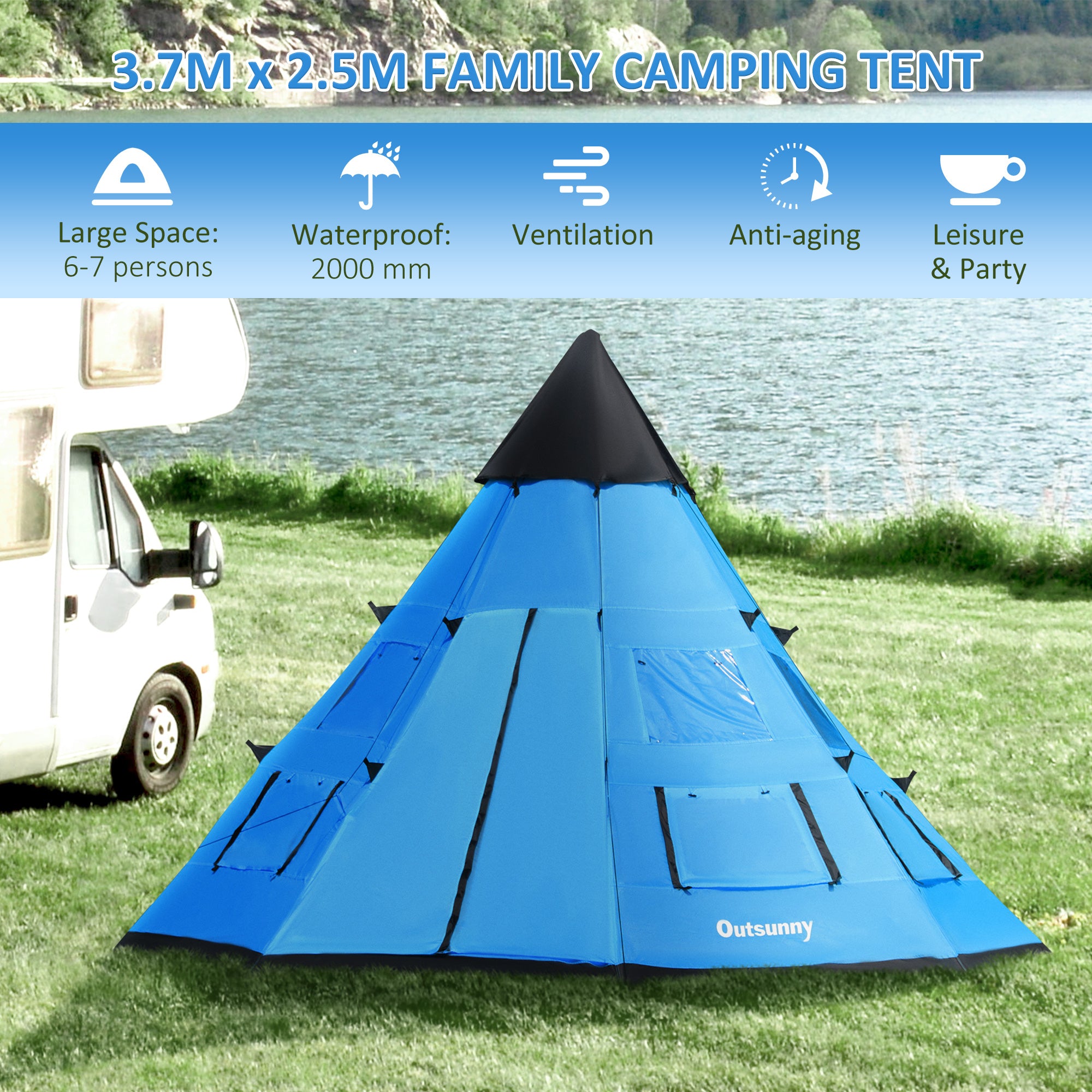 Outsunny 6 Men Tipi Tent, Camping Tent, Teepee Family Tent with Mesh Windows, Sewn-in Tent Floor, Two Doors and Carry Bag, Easy Set Up, for Hiking Picnics Outdoor Night, Blue - North Peak Garden Furniture