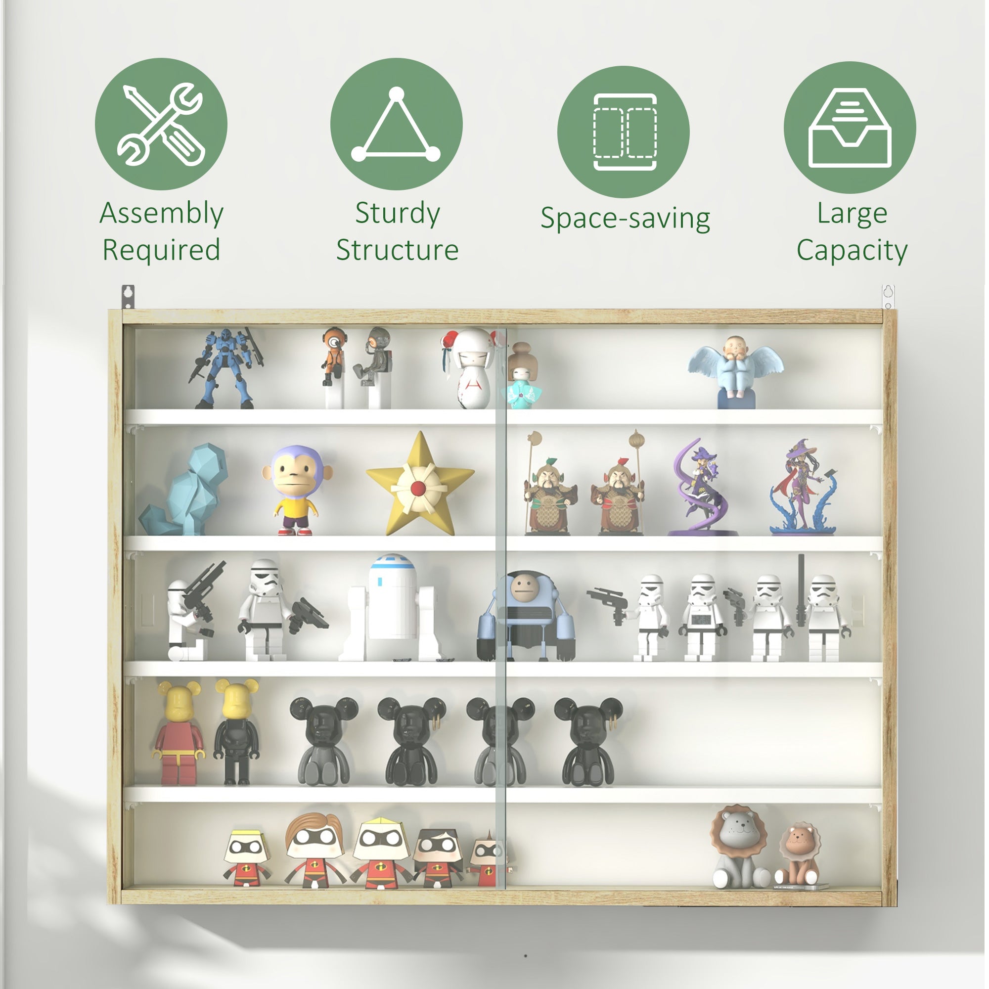 HOMCOM 5-Tier Wall Display Shelf Unit Cabinet w/ 4 Adjustable Shelves Glass Doors Home Office Ornaments 60x80cm Natural - North Peak Garden Furniture