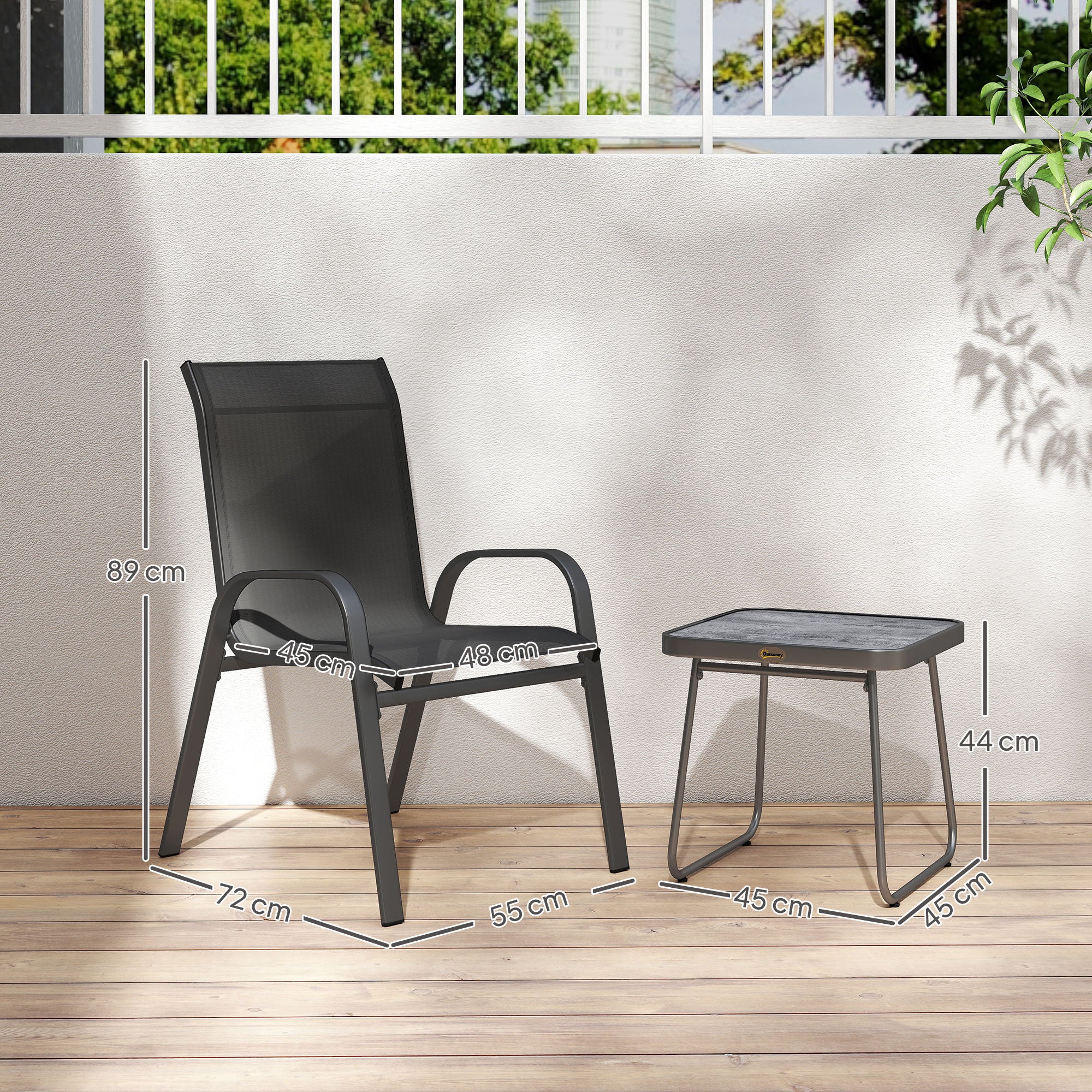 Outsunny 3 Pieces Outdoor Bistro Set, Patio Stackable Armchairs with Breathable Mesh Fabric and SPC Board Coffee Table, Black - North Peak Garden Furniture