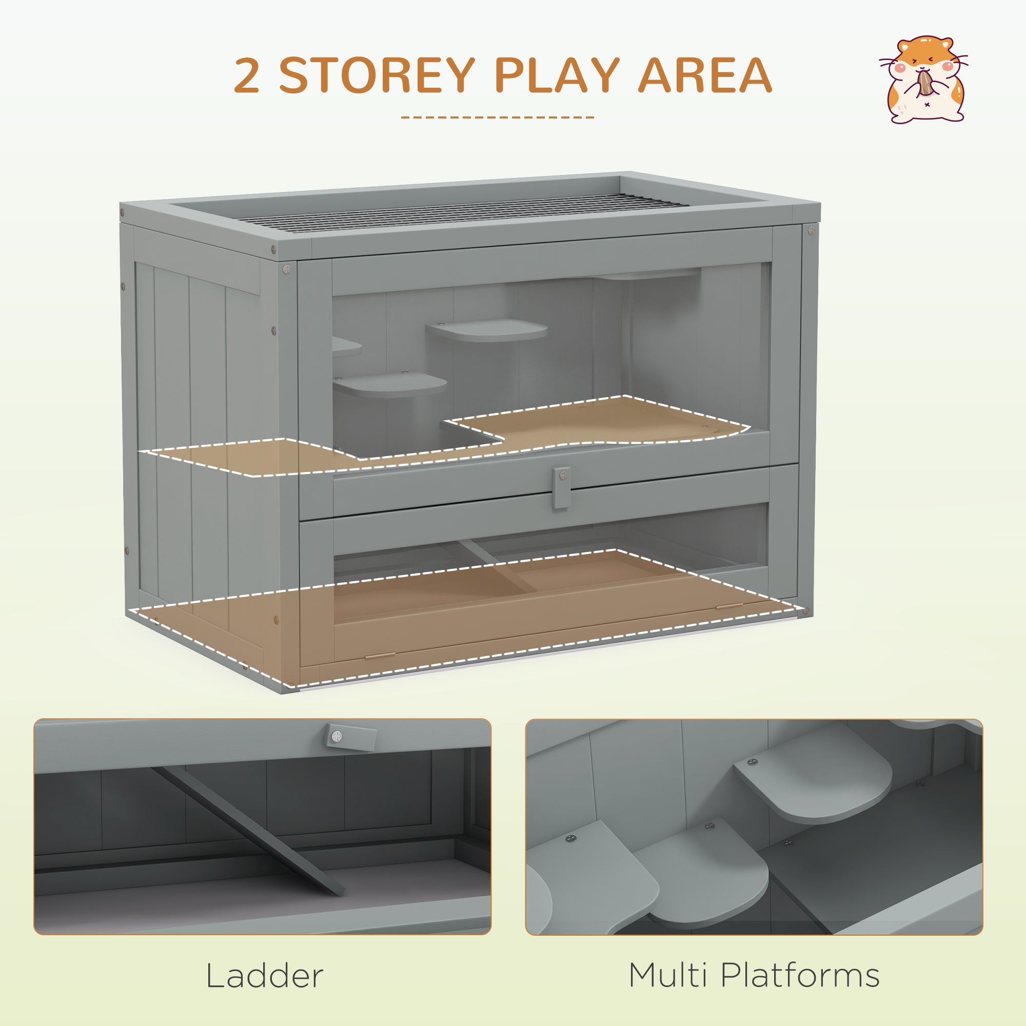 PawHut Wooden Hamster Cage Mouse Mice Rodent Small Animals Hutch Exercise Play House 60 x 35 x 42cm, Grey - North Peak Garden Furniture