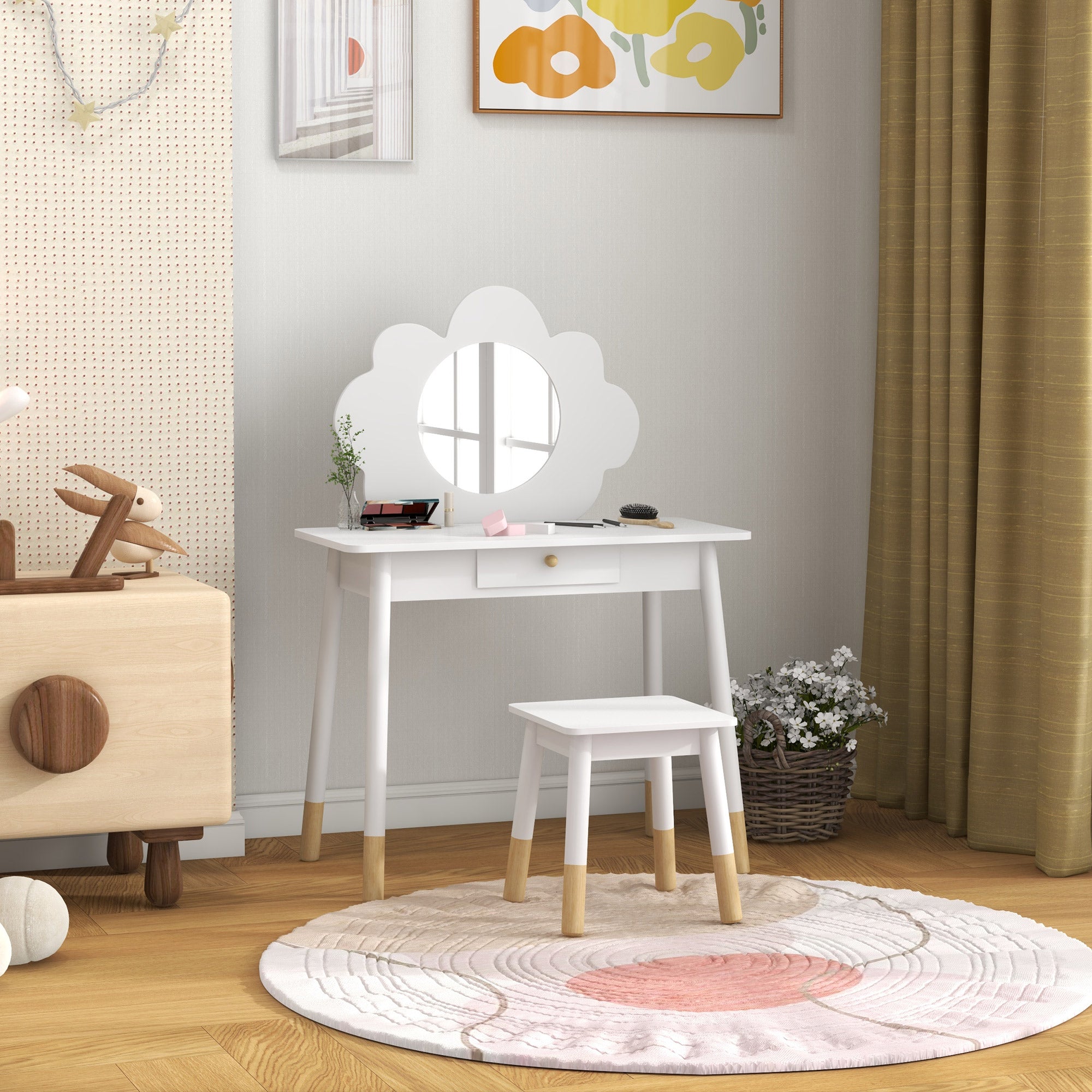 AIYAPLAY Kids Dressing Table with Mirror, Stool, Drawer, Cloud Design, White