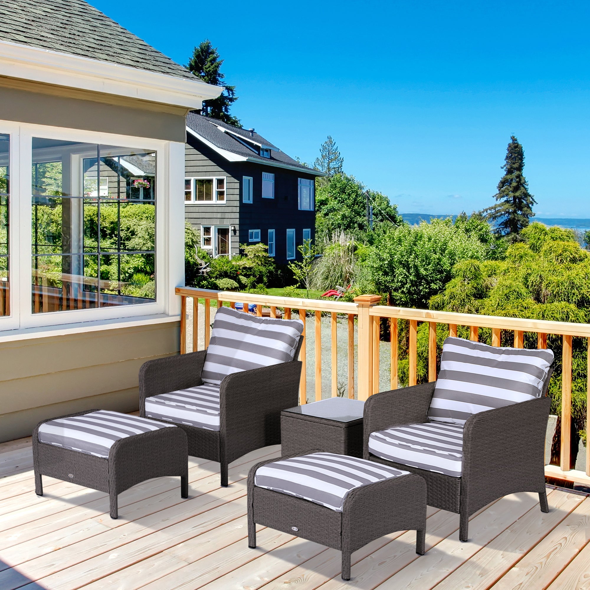 Outsunny 5 Pieces PE Rattan Garden Furniture Set with 10cm Thick Padded Cushions, Wicker Weave Outdoor Seating Chairs with 2 Armchairs, 2 Stools, Glass Top Table, Dark Grey - North Peak Garden Furniture