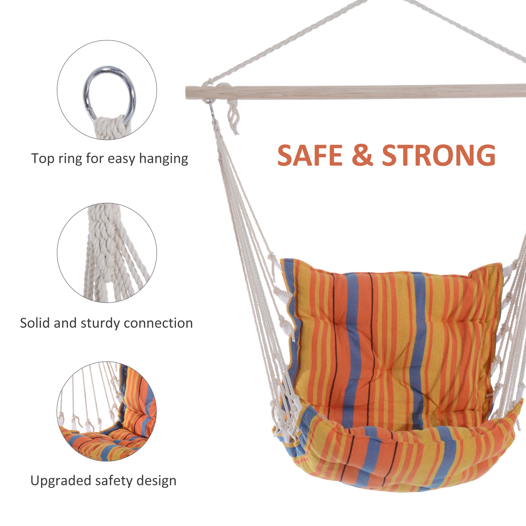 Outsunny Outdoor Hanging Rope Chair with Soft Padded Seat & Backrest, Garden Hammock Chair with Wooden Support Bar Cotton Cloth, Portable Garden Chair for Patio & Tree, Orange - North Peak Garden Furniture