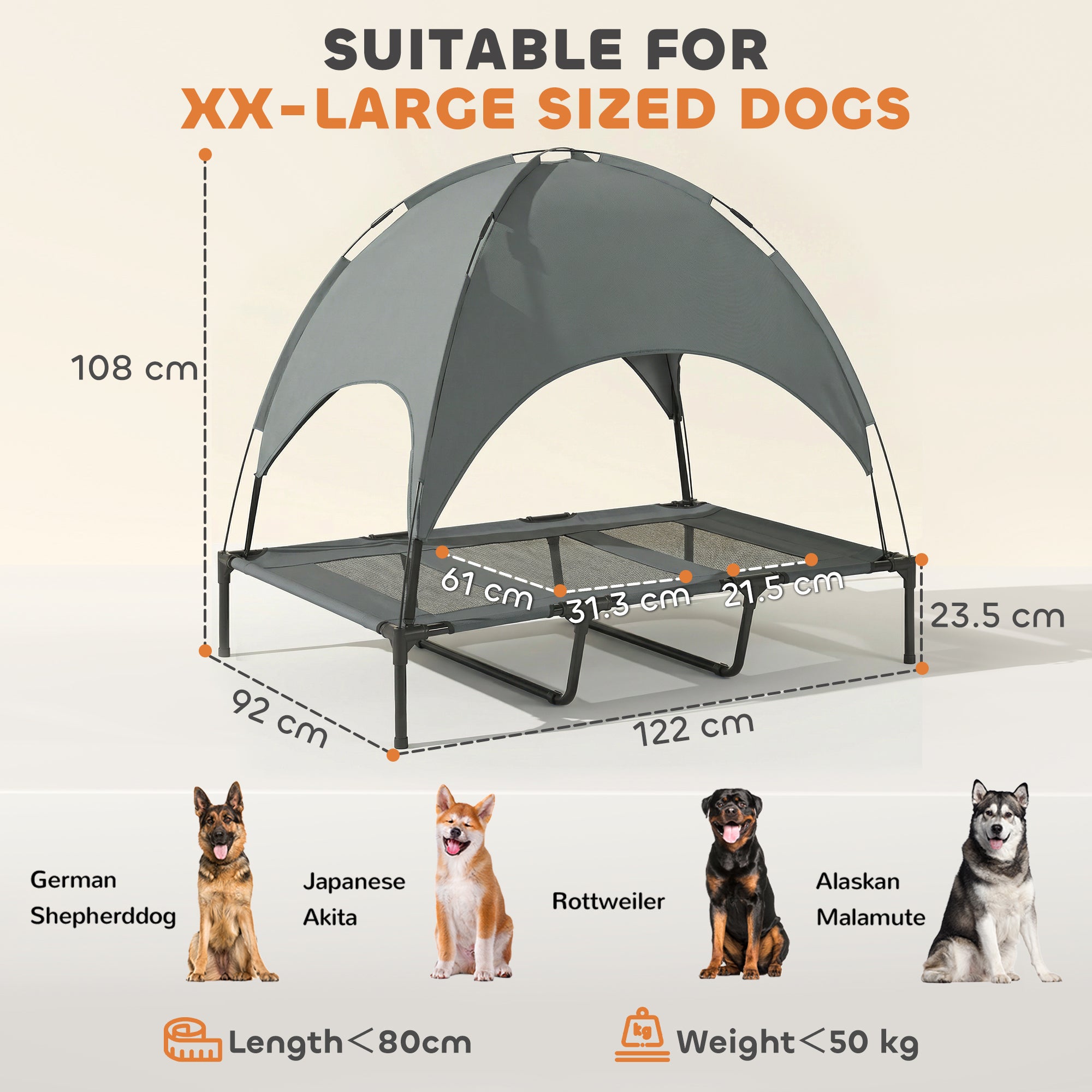PawHut Raised Dog Bed Waterproof Elevated Pet Cot with Breathable Mesh UV Protection Canopy Grey, for XL Dogs, 122 x 92 x 108cm