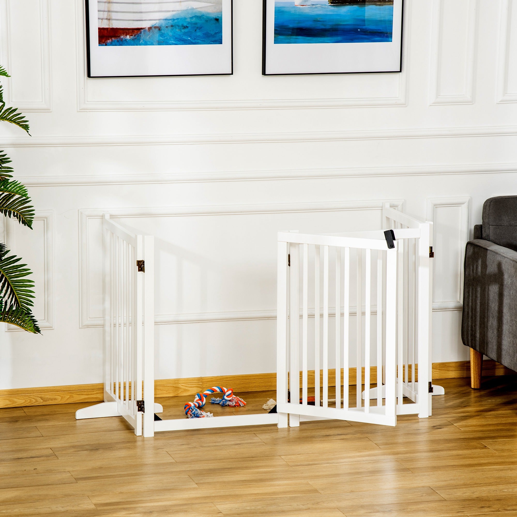 PawHut Freestanding Pet Gate for Small and Medium Dogs, Wooden Foldable Dog Safety Barrier with 4 Panels, 2 Support Feet, 80 cm Tall for Doorways, Stairs White - North Peak Garden Furniture