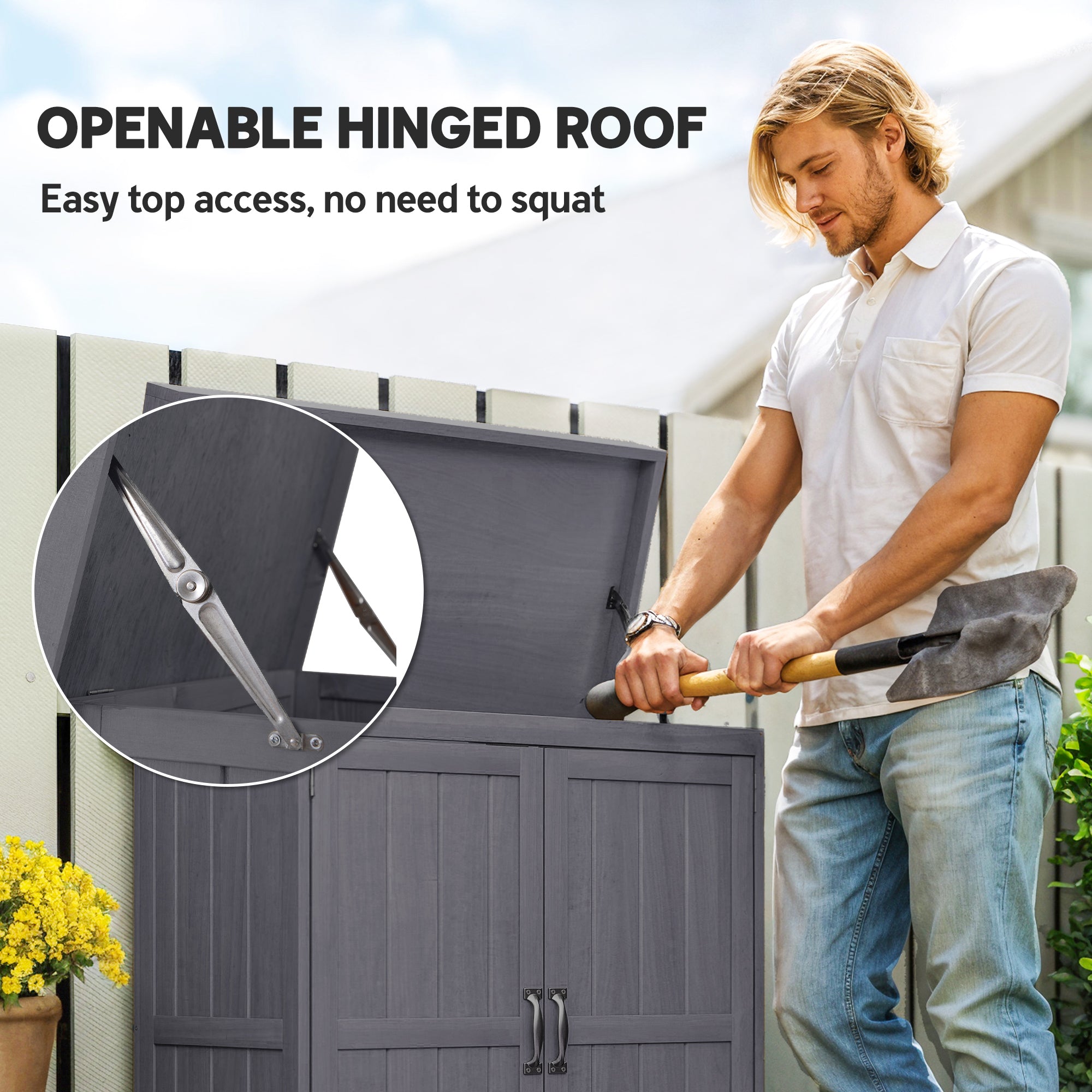 Outsunny Wooden Garden Storage Shed with Hinged Roof and Shelves, Outdoor Storage Cabinet Chest, Double Doors, 74 x 43 x 88cm, Grey
