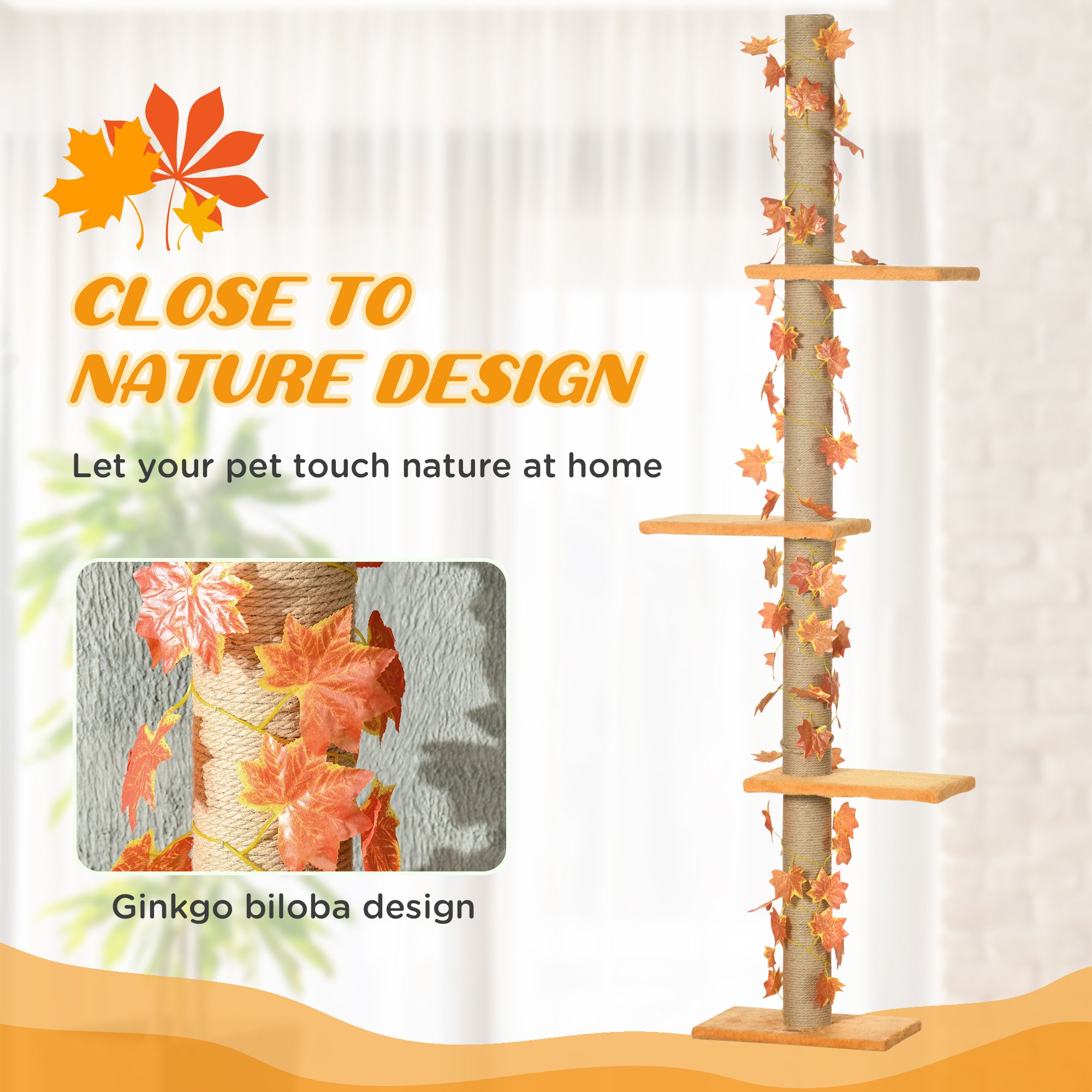 PawHut 242cm Adjustable Floor-To-Ceiling Cat Tree, with Artificial Decoration, Perches, Anti-Slip Kit - Orange - North Peak Garden Furniture