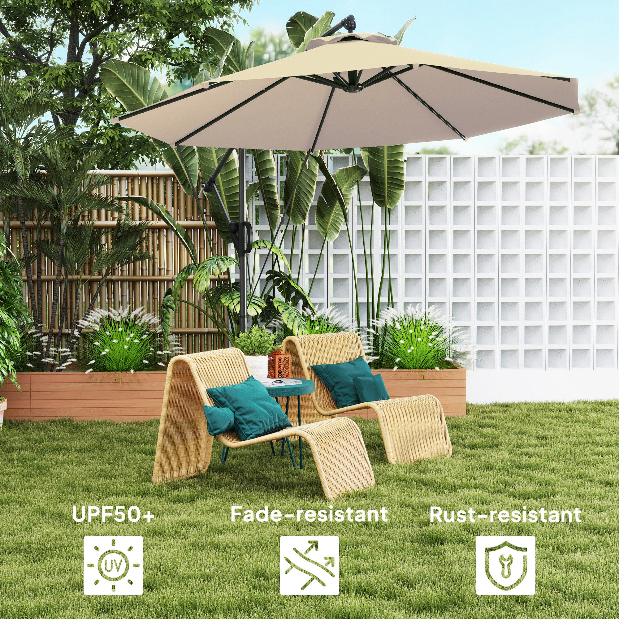 Outsunny 3(m) Garden Cantilever Parasol with Cover and Wind Protection Strap, Round Overhanging Umbrella with Crank Handle and Tilt, Banana Patio Umbrella for Outdoor Sun Shade, UPF50+, Khaki - North Peak Garden Furniture