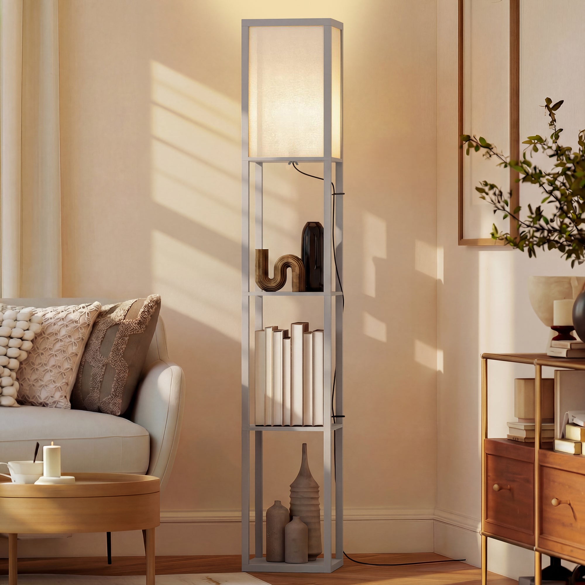 HOMCOM 3-Tier Floor Lamp, Floor Light with Storage Shelf, Reading Standing Lamp for Living Room, Bedroom, Kitchen, Dining Room, Office, Dorm, 160cm, Grey