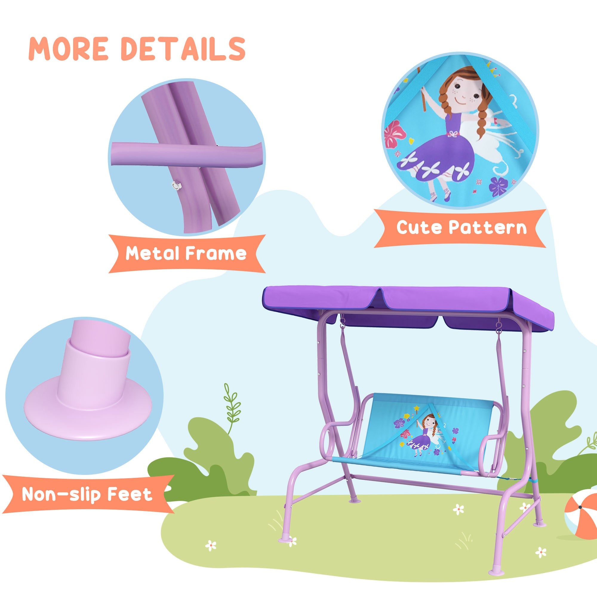 Outsunny Two Seater Kids Garden Swing, Fairy Themed kids Swing Chair with Adjustable Canopy, Safety Belts for Outdoor Use - North Peak Garden Furniture