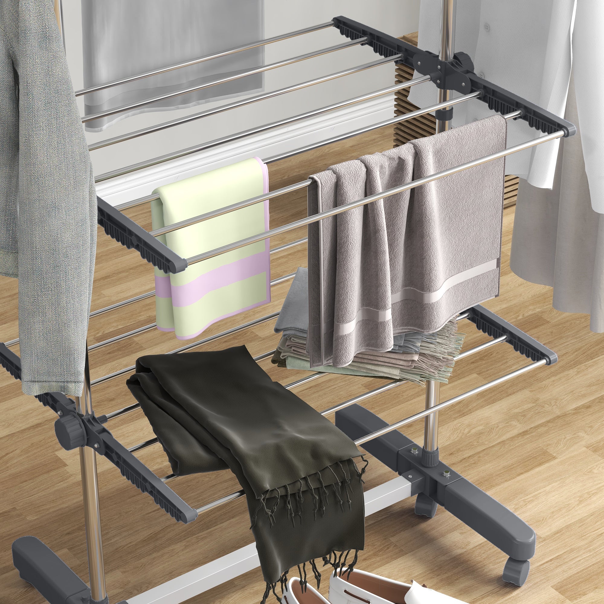 HOMCOM Four-Shelf Collapsing Clothes Horse, With Side Arms and Wheels - Grey - North Peak Garden Furniture