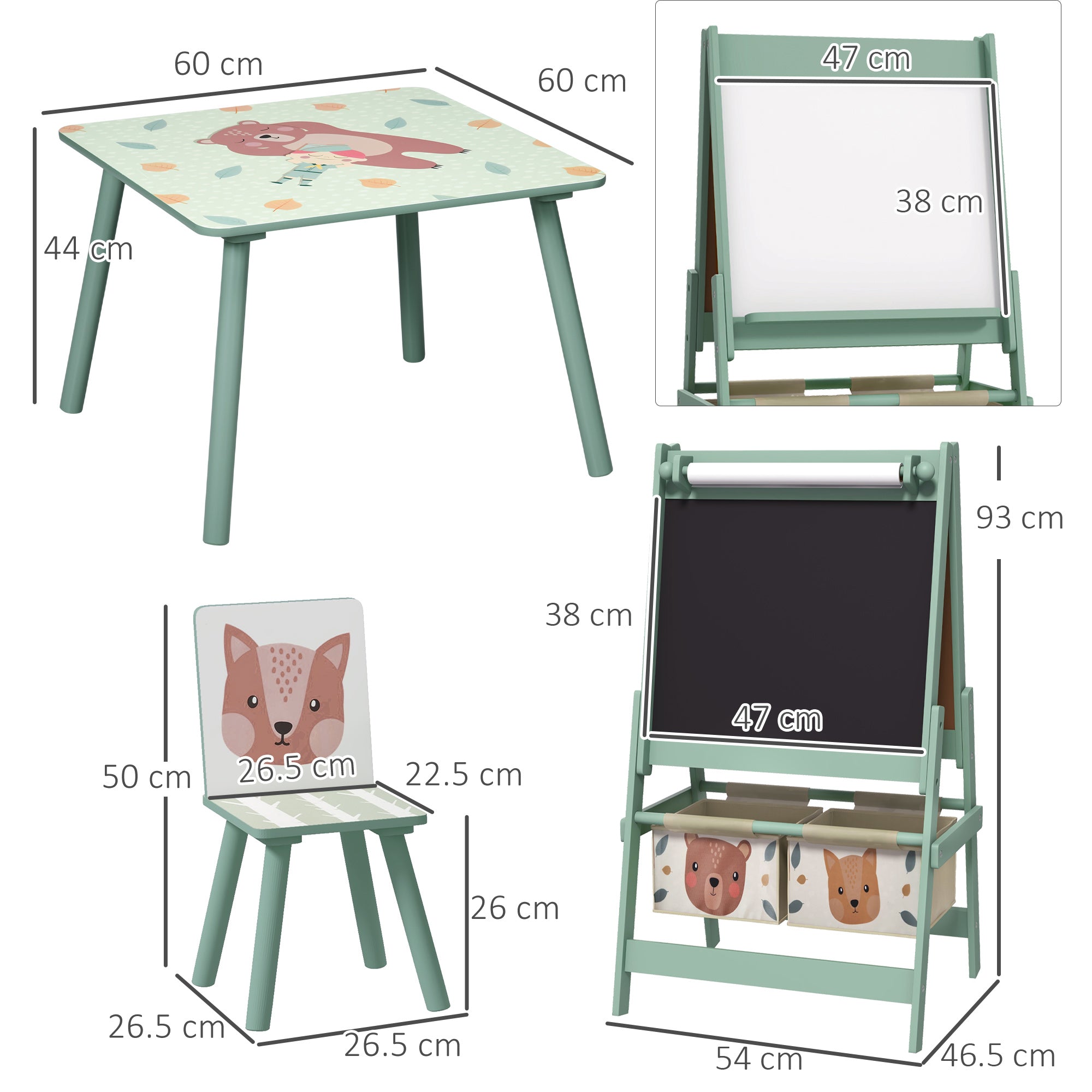 ZONEKIZ Kids Table and Chair Set and Kids Easel with Paper Roll, Storage Baskets, Kids Activity Furniture Set, Green