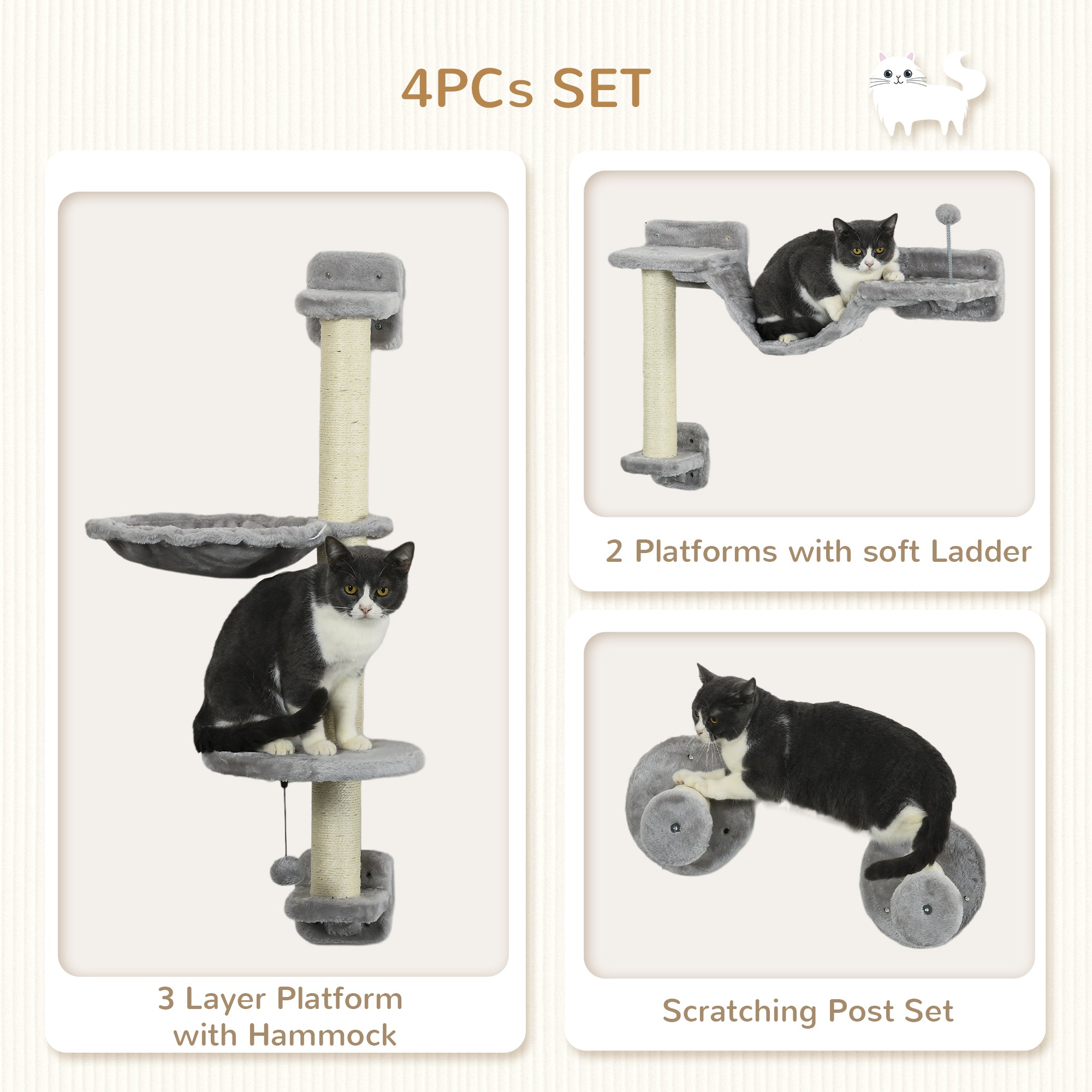 PawHut Four-Piece Cat Wall Furniture with Hammock, Perches, Ladder, Scratching Post, Grey - North Peak Garden Furniture