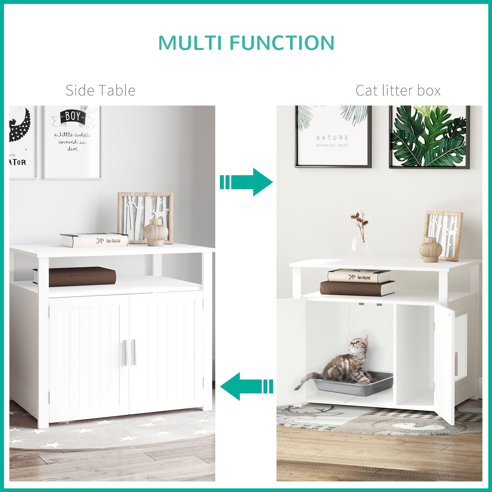 PawHut Wooden Cat Litter Box Enclosure Furniture with Adjustable Interior Wall & Large Tabletop for Nightstand, White - North Peak Garden Furniture