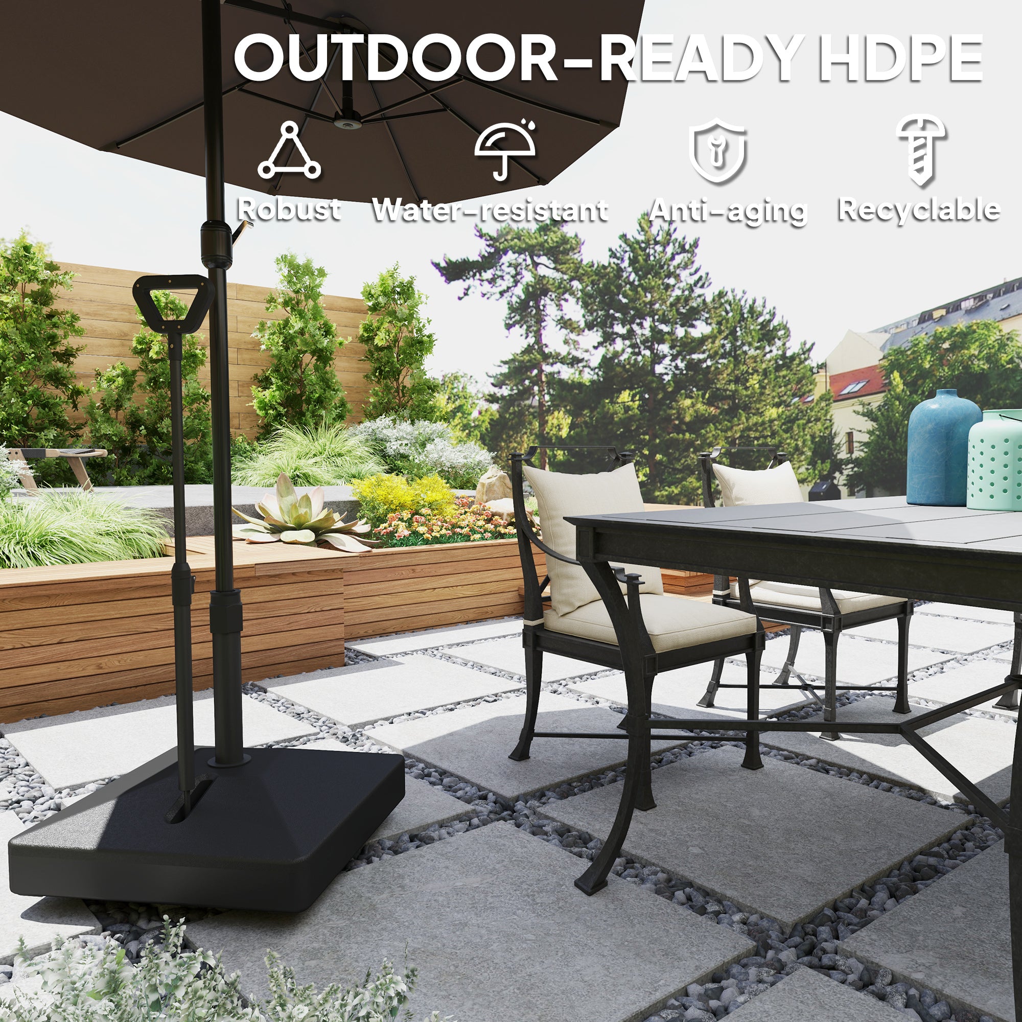 Outsunny Garden Parasol Base with Adjustable Wheels and Handle, Garden Sun Umbrella Base Parasol Stand, Filled Up to 55kg with Stand, 45kg with Water for 35, 38, 48 mm Poles, Black - North Peak Garden Furniture