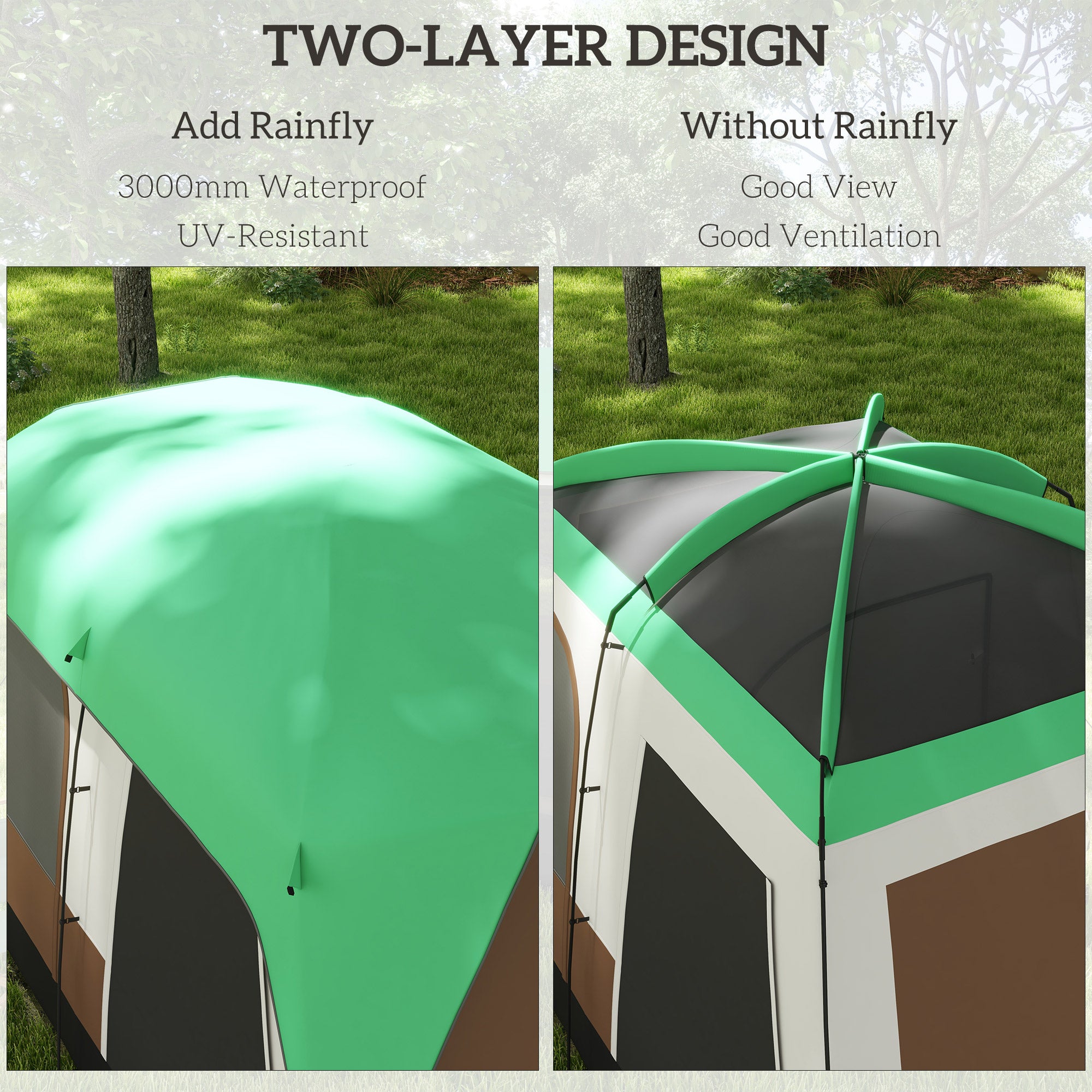 Outsunny Six-Man Camping Tent, with Small Rainfly and Accessories - Green - North Peak Garden Furniture