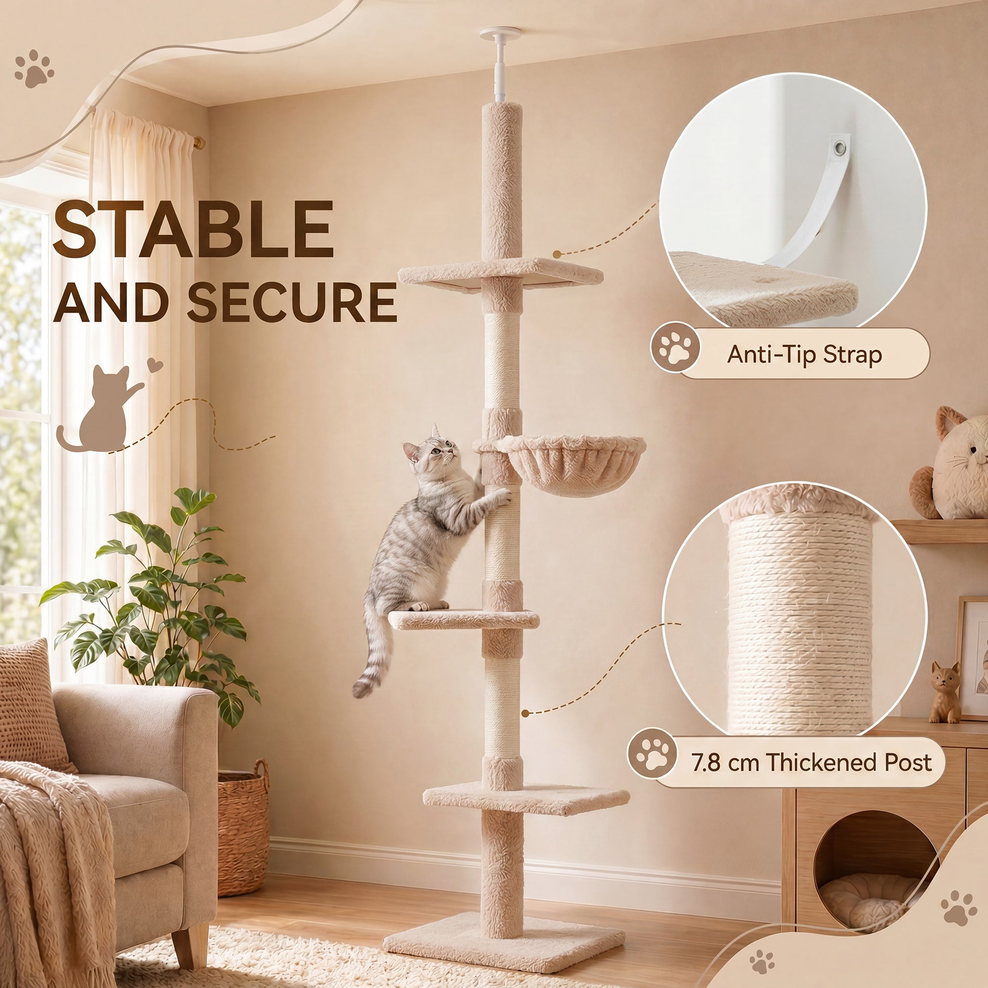 PawHut Floor to Ceiling Cat Tree for Indoor Cats 5-Tier Kitty Tower Climbing Activity Center Scratching Post Adjustable Height 230-260 cm Beige