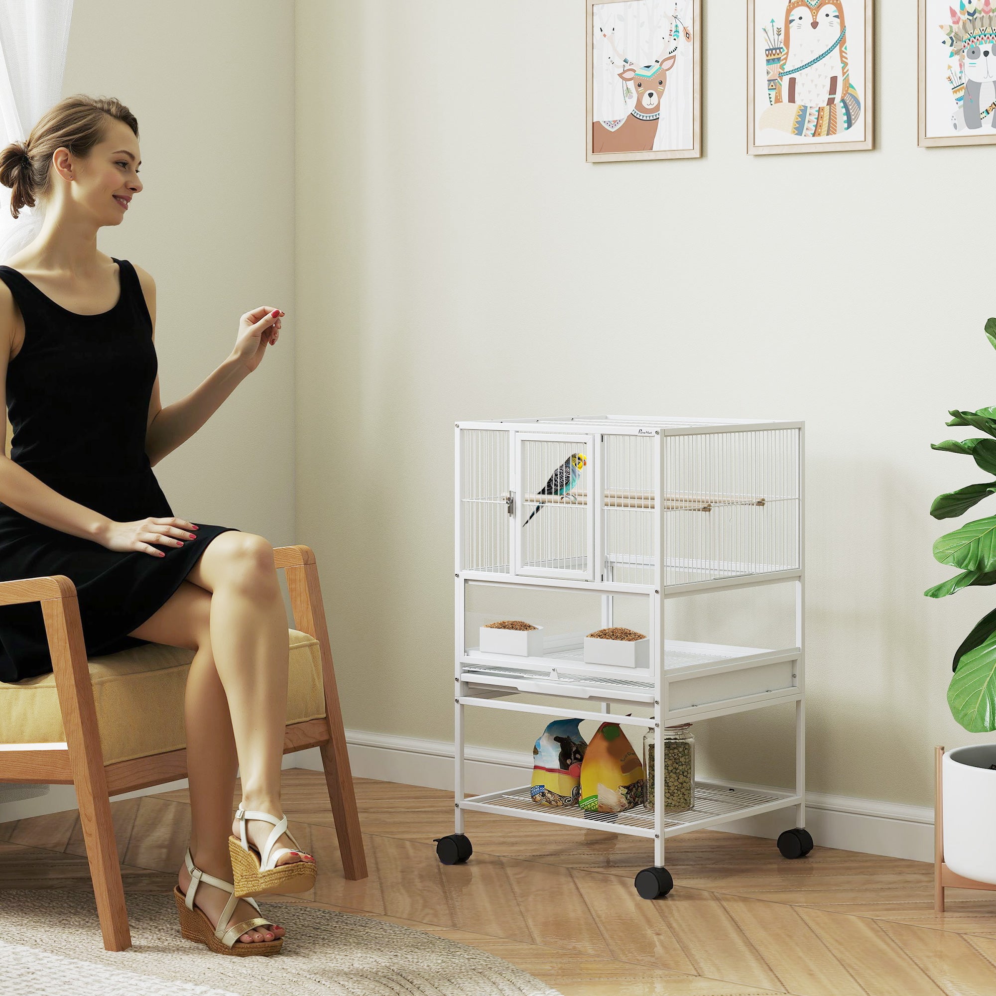 PawHut Bird Cage with Rolling Stand, Acrylic Viewing Panels, Storage Shelf, for Budgie, Parakeet, 48 x 46 x 83 cm - North Peak Garden Furniture
