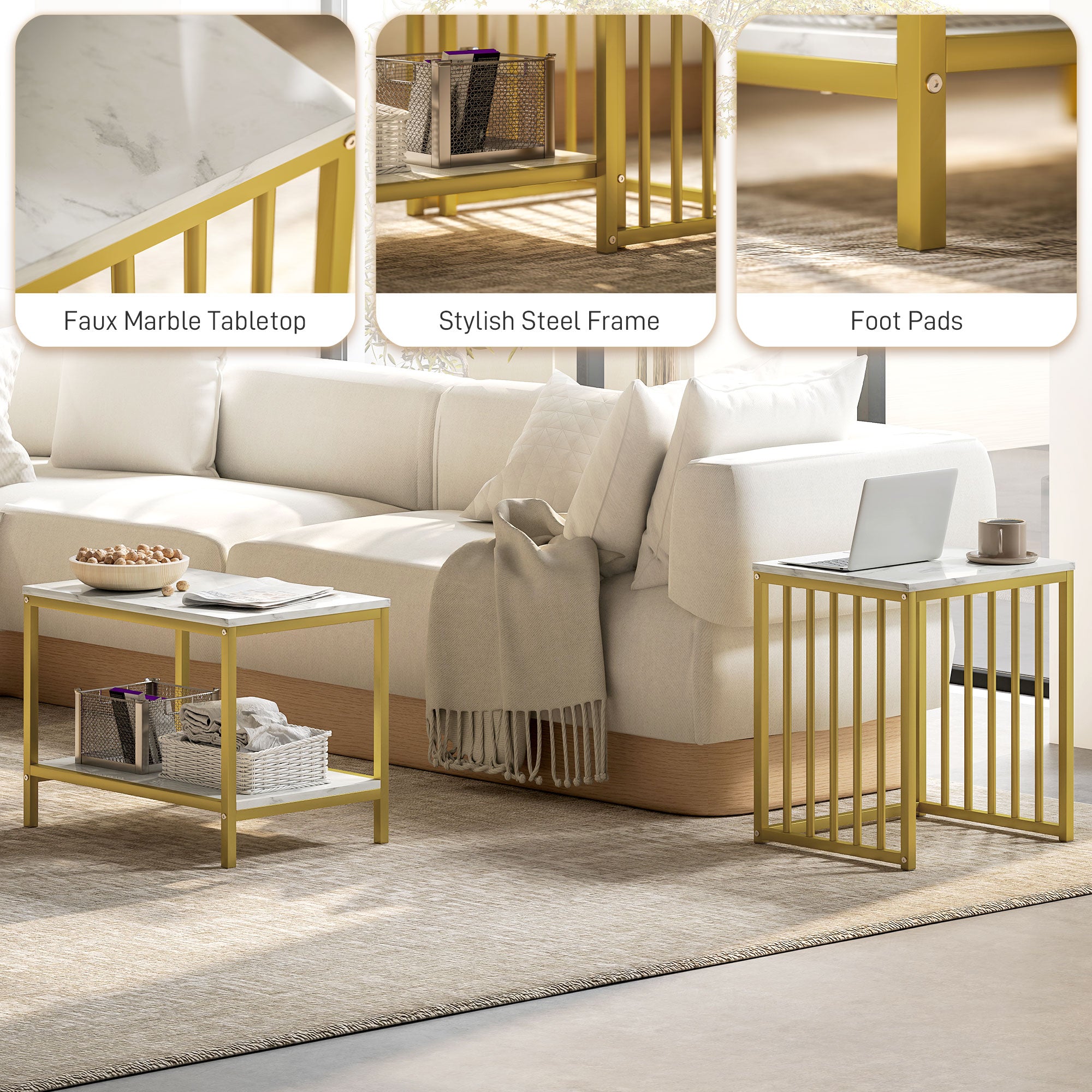HOMCOM Modern Coffee Table Set of Two, Marble-Effect Nesting Side Tables with Steel Frame for Living Room, Gold Tone - North Peak Garden Furniture