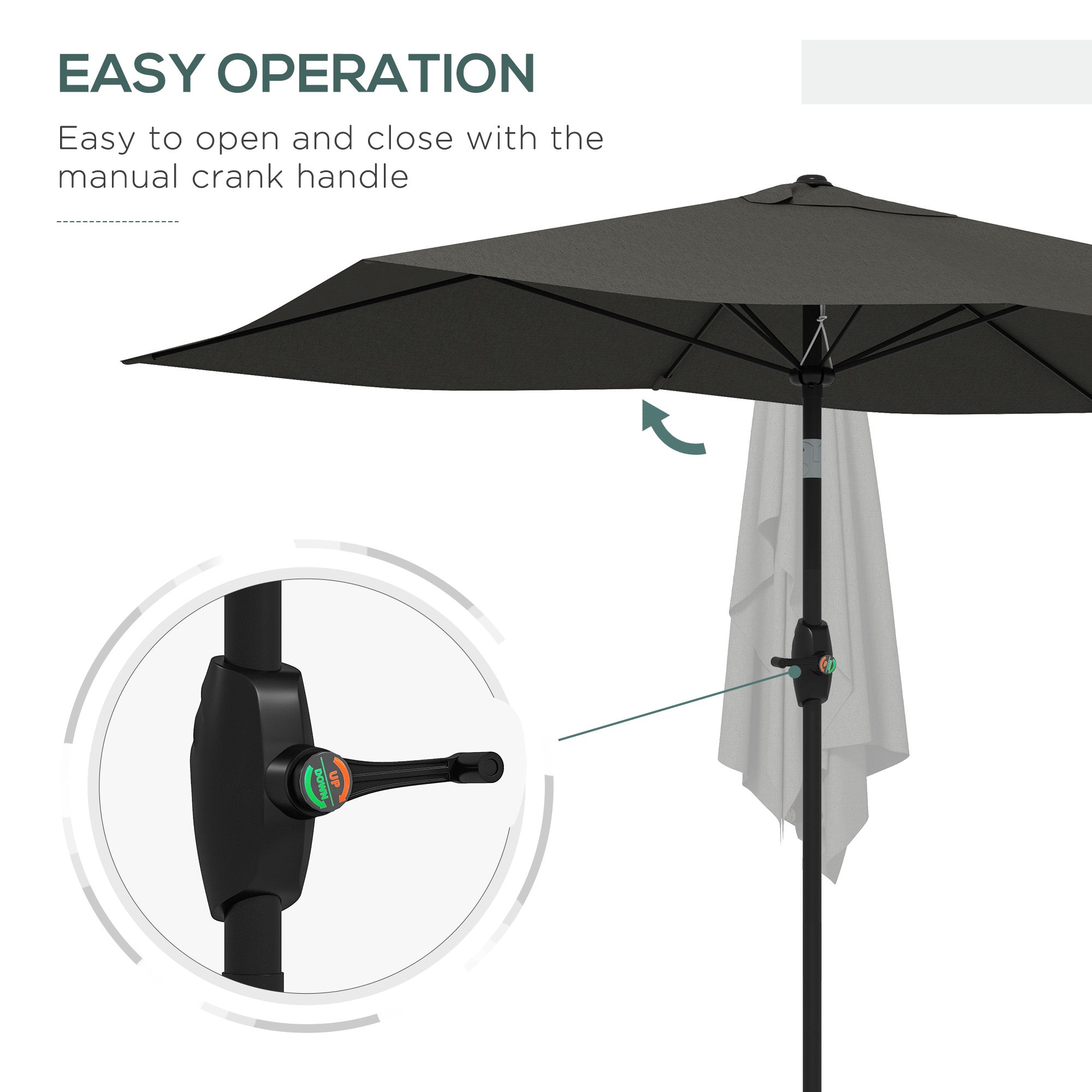 Outsunny 2 x 3(m) Garden Parasol Umbrella, Rectangular Outdoor Market Umbrella Sun Shade with Crank & Push Button Tilt, 6 Ribs, Aluminium Pole, Dark Grey - North Peak Garden Furniture