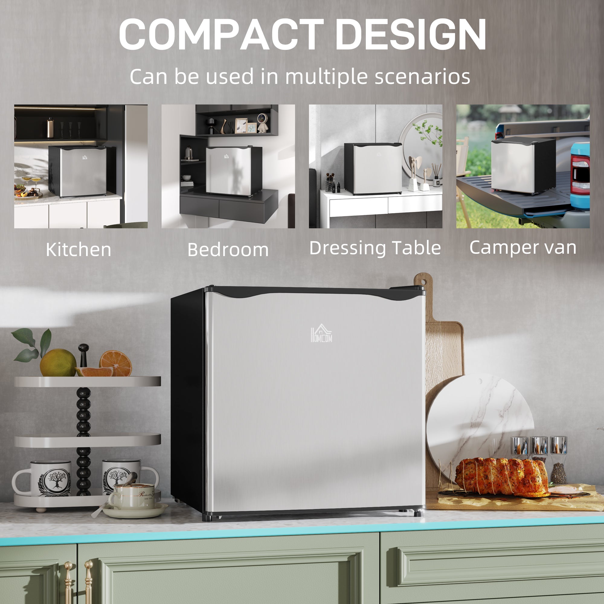 HOMCOM 46 Litre Table Top Mini Fridge, Small Fridge with Ice Box, Reversible Door, Adjustable Temperature and Legs for Bedrooms, Home Office, Silver Tone - North Peak Garden Furniture