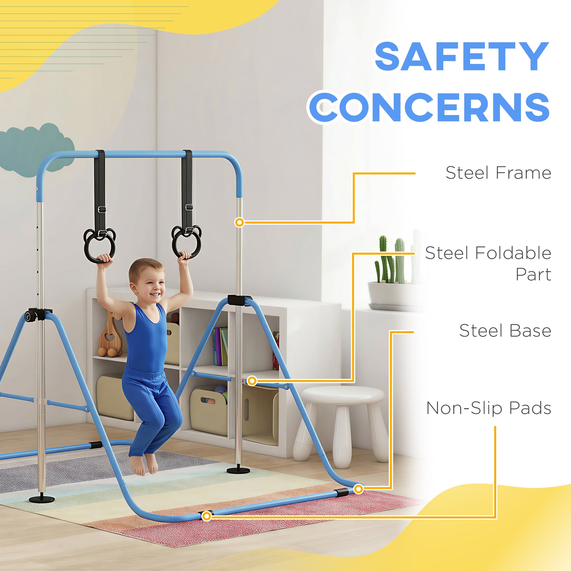 HOMCOM Adjustable Height, Foldable Kids Gymnastics Bar w/ Non-Slip Mats, for 3+ Years, Blue