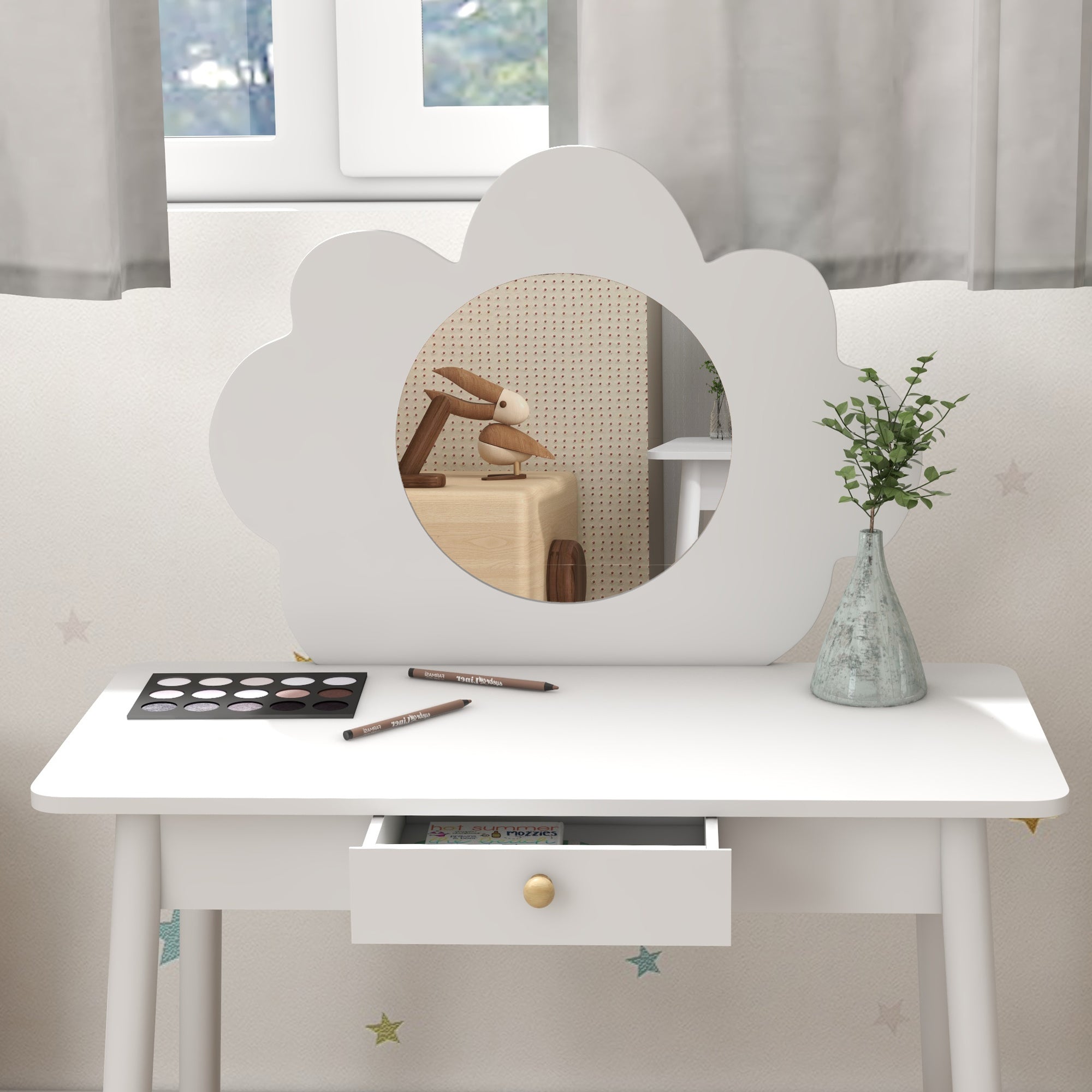 AIYAPLAY Kids Dressing Table with Mirror, Stool, Drawer, Cloud Design, White - North Peak Garden Furniture