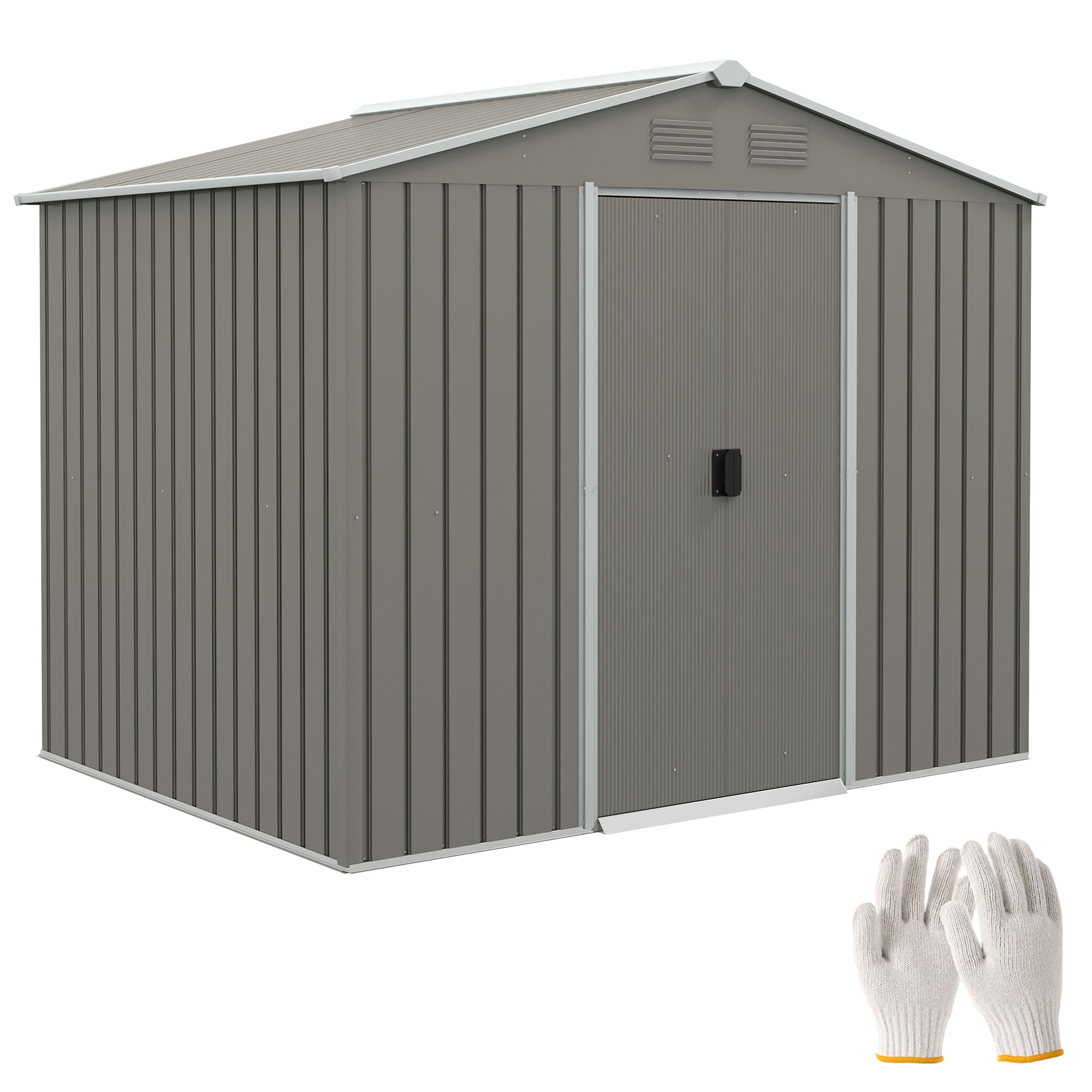 Outsunny 8 x 6ft Outdoor Garden Storage Shed, Metal Tool House with Ventilation and Sliding Doors, Light Grey - North Peak Garden Furniture