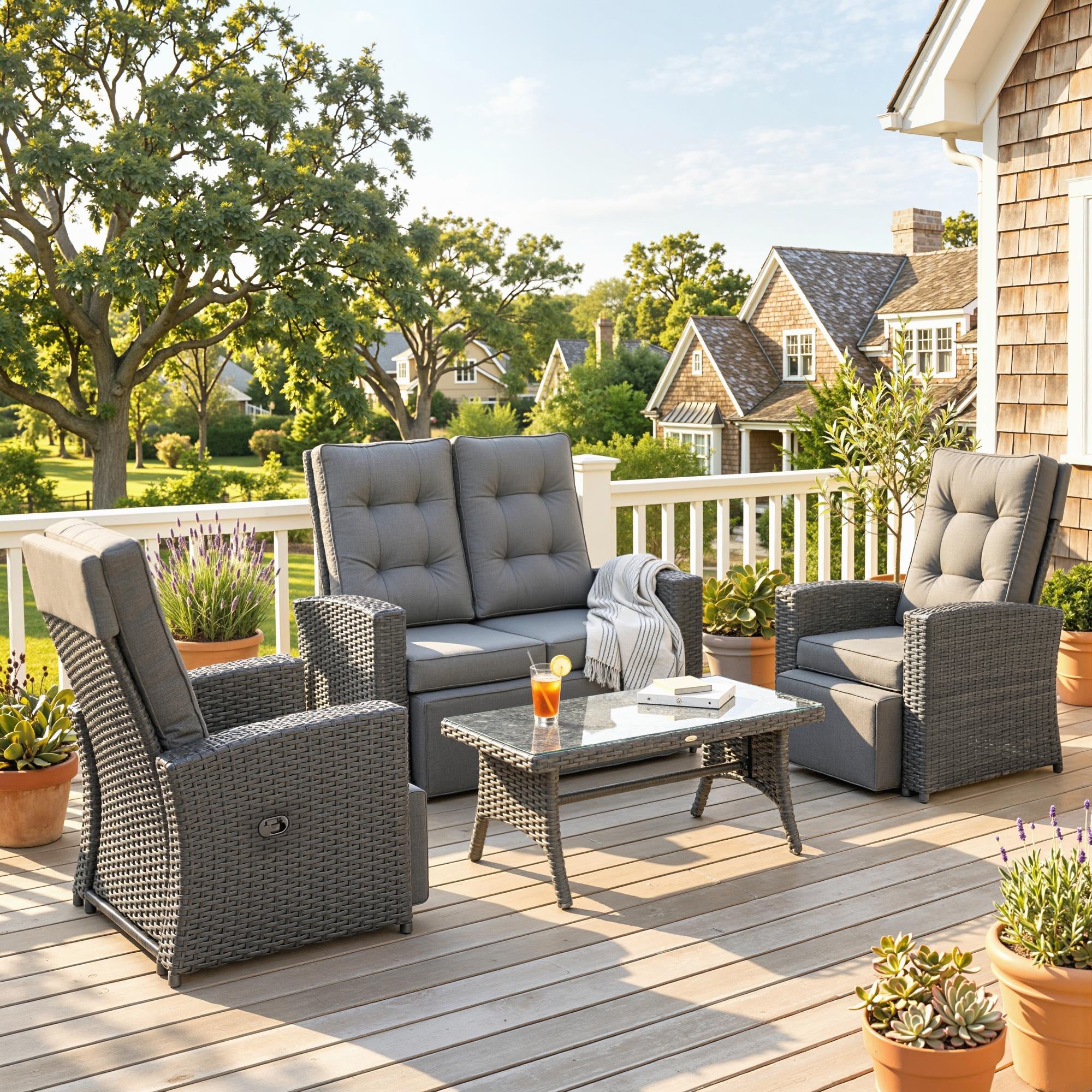 Outsunny 4 Piece Rattan Garden Furniture Sets, 4 Seater Outdoor Sofa Sectional with Wicker Sofa, Reclining Armchair and Glass Table for Yard, Poolside, Grey