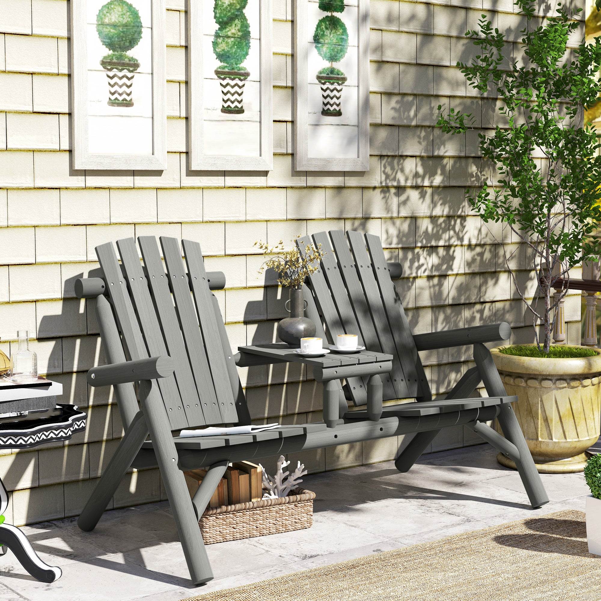 Outsunny Wood Patio Chair Bench 2 Seats w/ Centre Coffee Table, Garden Bench, Grey - North Peak Garden Furniture