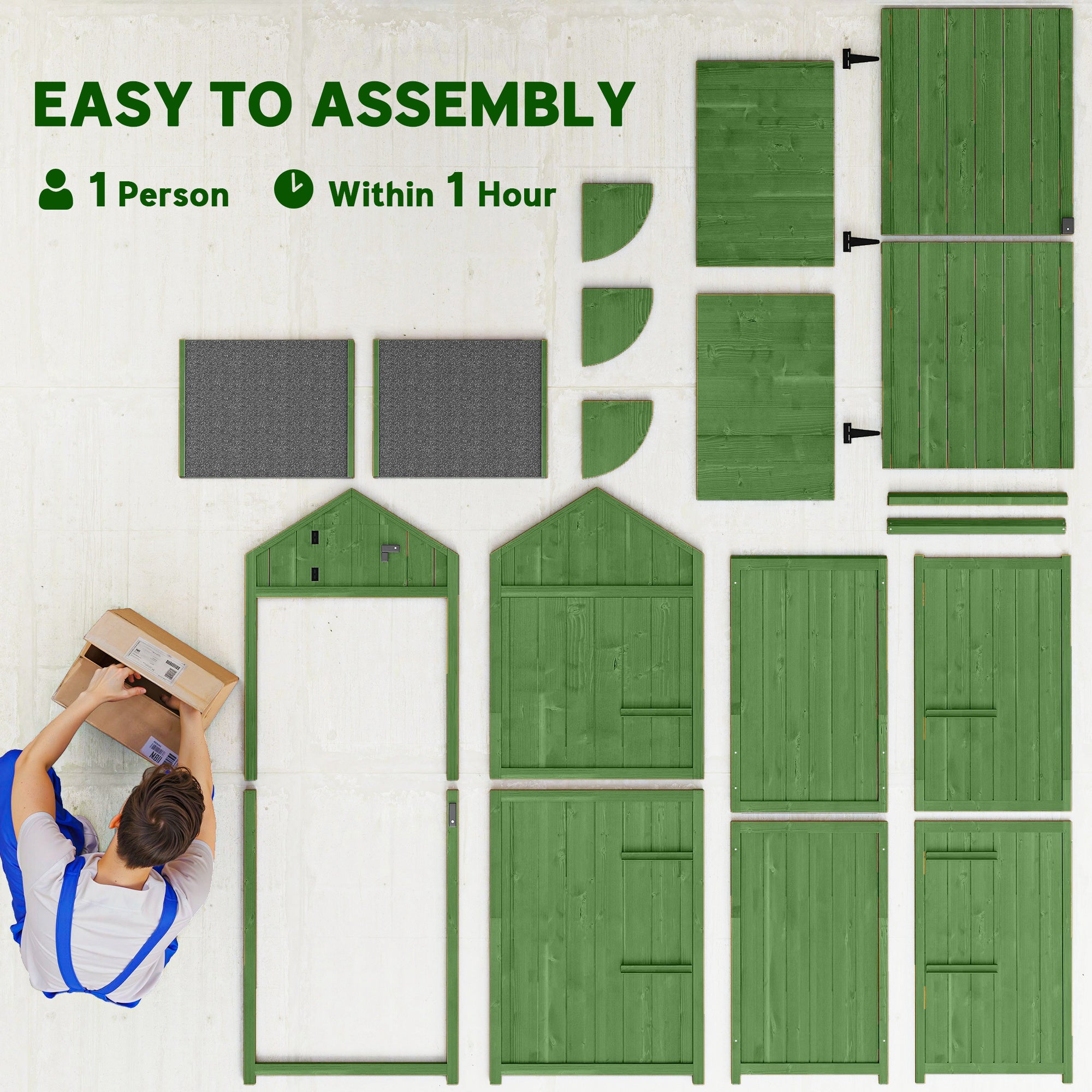 Outsunny Wooden Garden Shed, Utility Outdoor Small Shed with Lockable Double Doors, Shelves and Roof Hatch, Dark Green