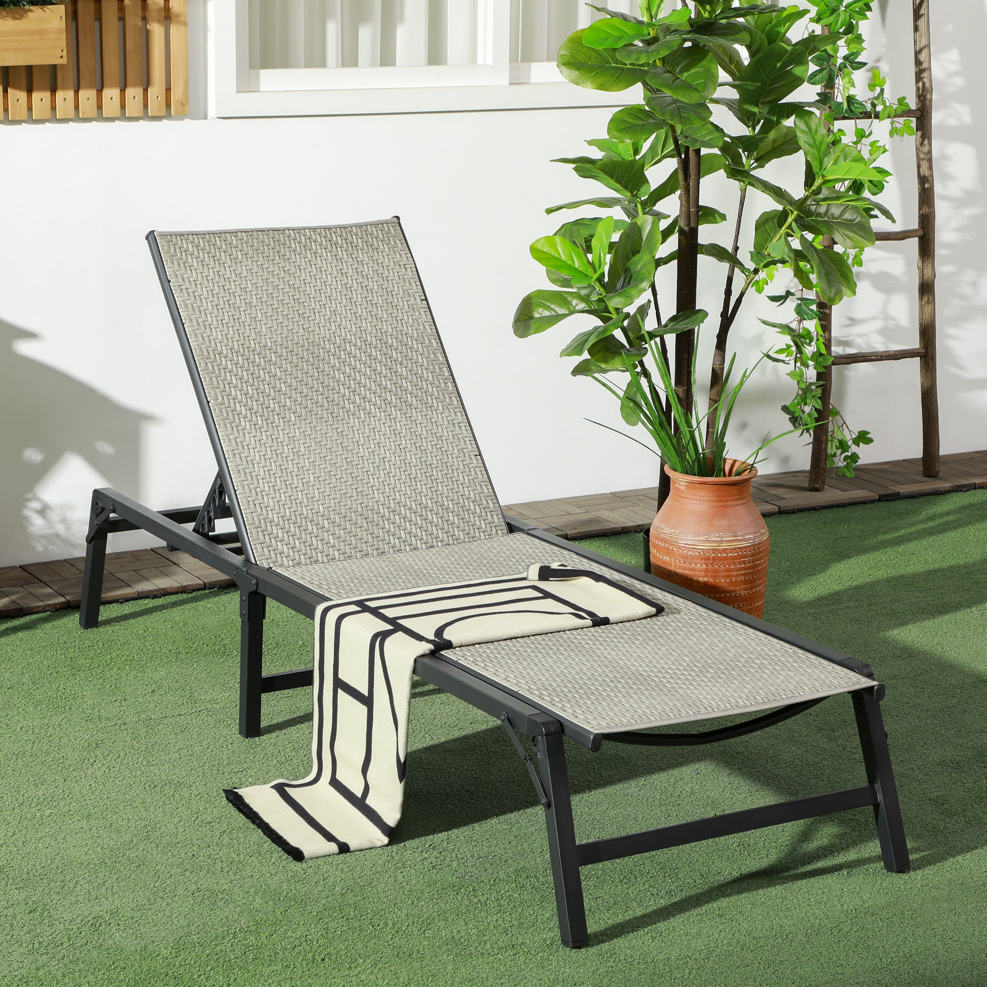 Outsunny Foldable Rattan Sun Lounger with 5-Level Adjust Backrest, Recliner Chair, Mixed Grey - North Peak Garden Furniture