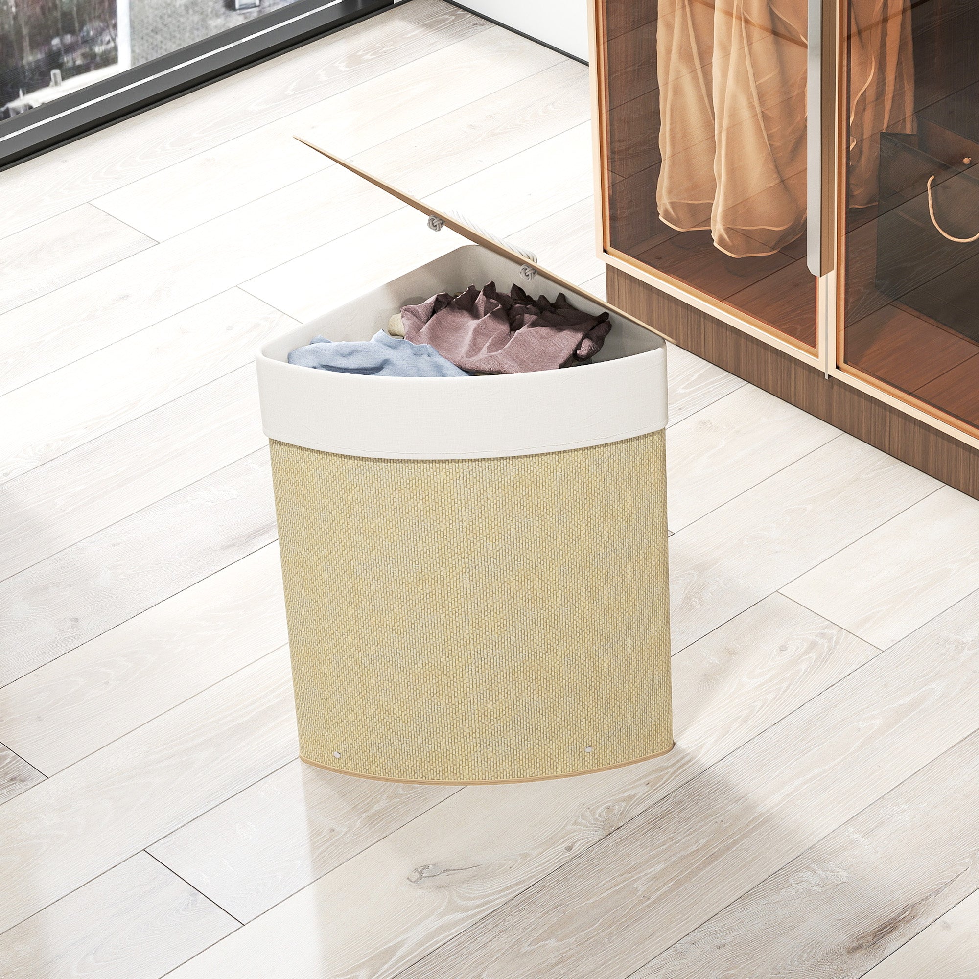 HOMCOM Bamboo Laundry Basket with Lid, 55L Corner Laundry Hamper with Removable Washable Liner Bag, Bathroom Triangle Washing Basket, 35 x 35 x 60 cm, Nature Wood Finish - North Peak Garden Furniture