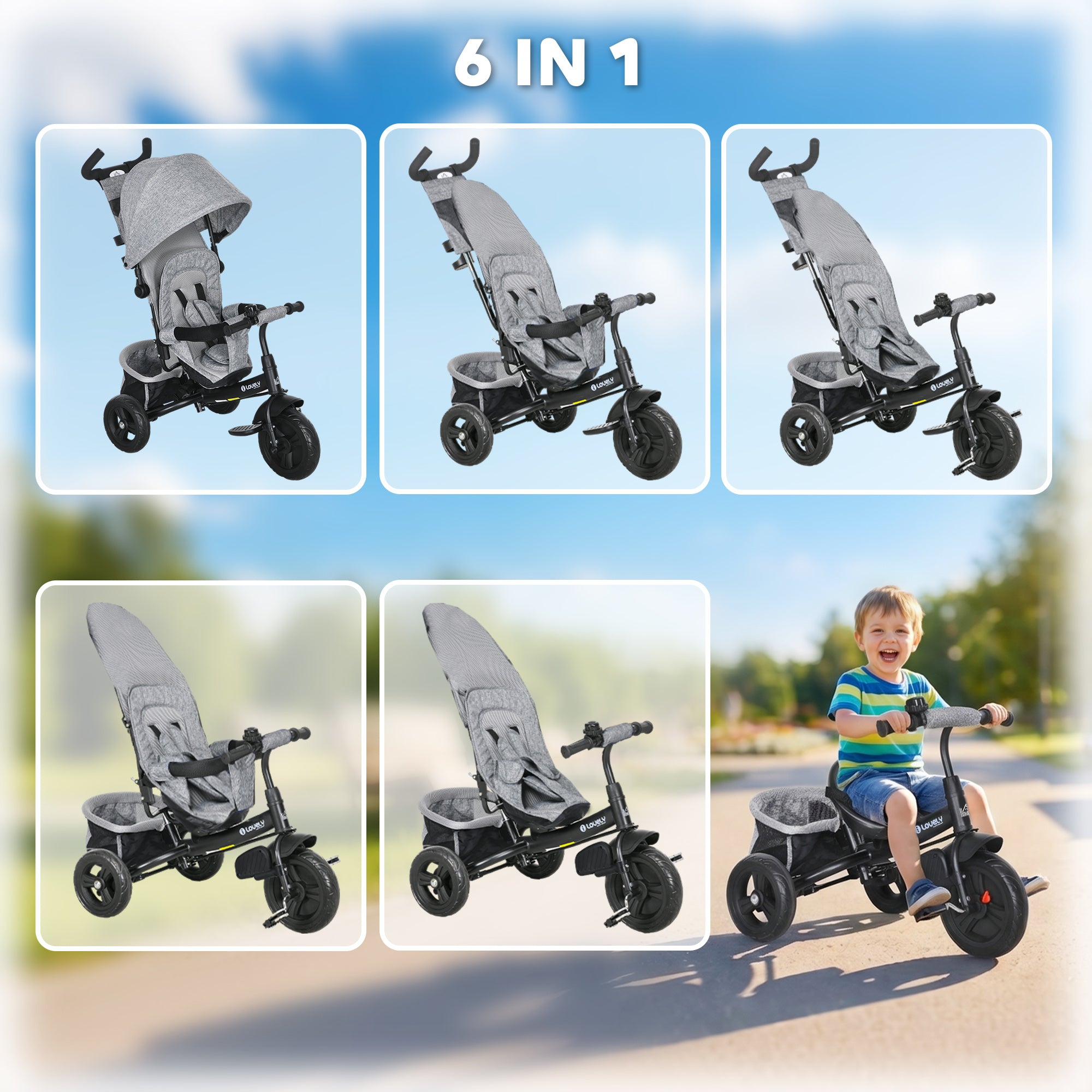 HOMCOM 6 in 1 Kids Trike Push Bike w/ Push Handle, Canopy, 5-point Safety Belt, Storage, Footrest, Brake, for 1-5 Years, Grey
