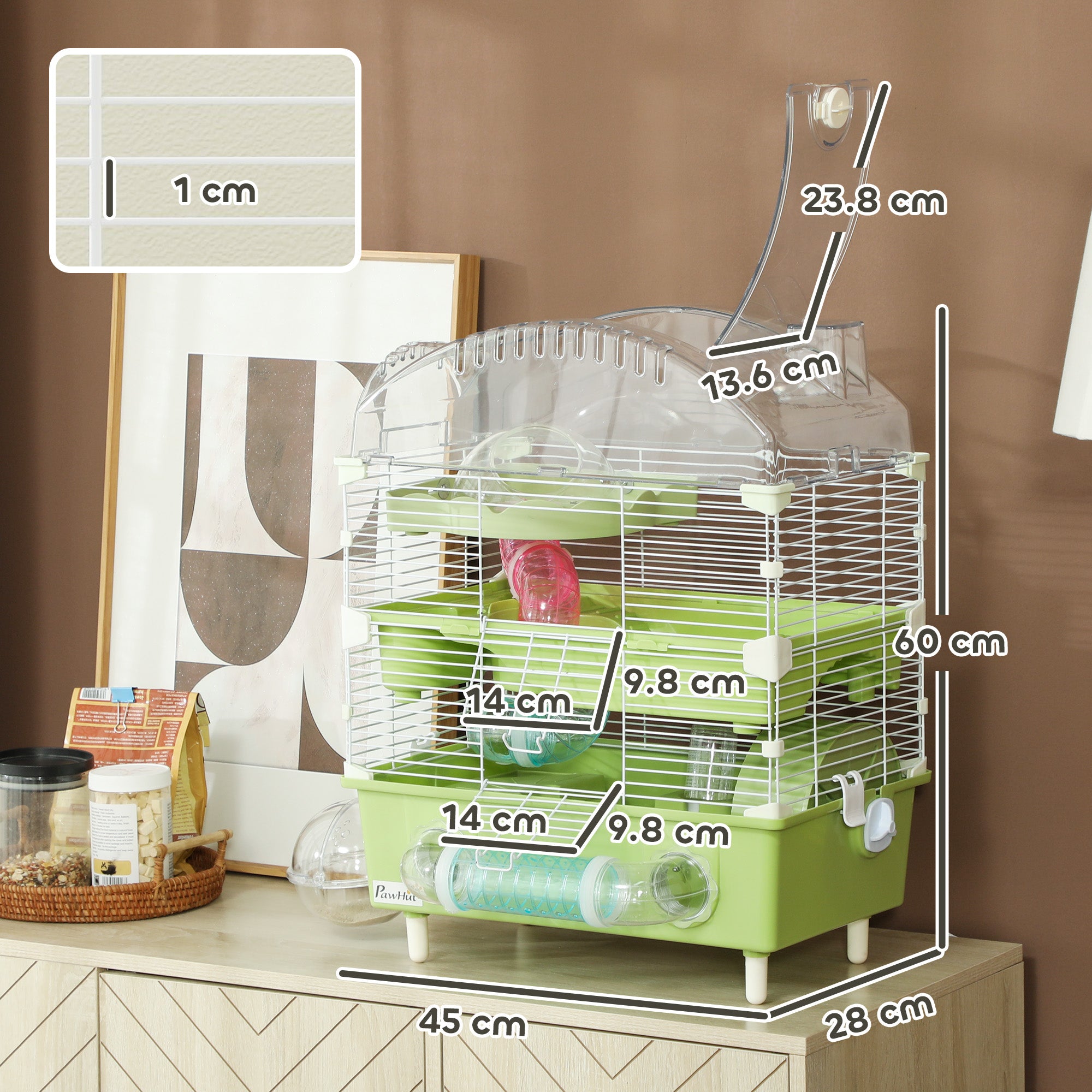 PawHut 3-Tier Hamster Cage with Transparent Top, Sand Bathroom, Exercise Wheel, Hideout Room, Tubes, 45 x 28 x 60 cm, Green - North Peak Garden Furniture