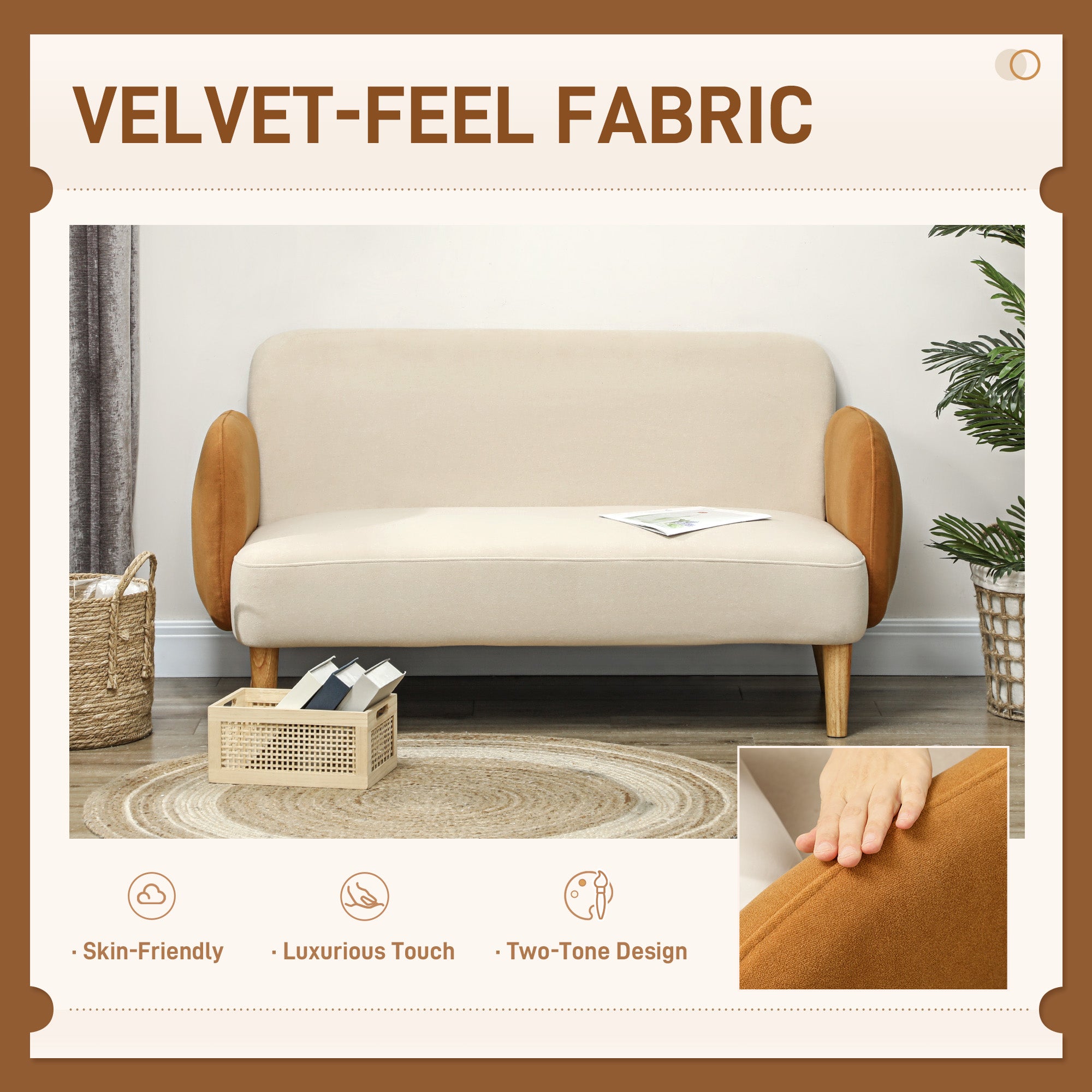 HOMCOM Two-Seater Velvet-Feel Mid Century Sofa - Cream/Orange - North Peak Garden Furniture