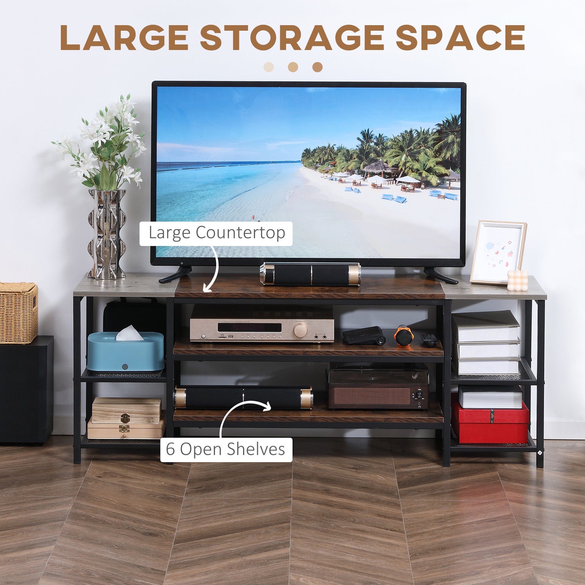 HOMCOM TV Unit Cabinet for TVs up to 60 Inches, Industrial TV Stand with Storage Shelves for Living Room, Brown and Grey - North Peak Garden Furniture