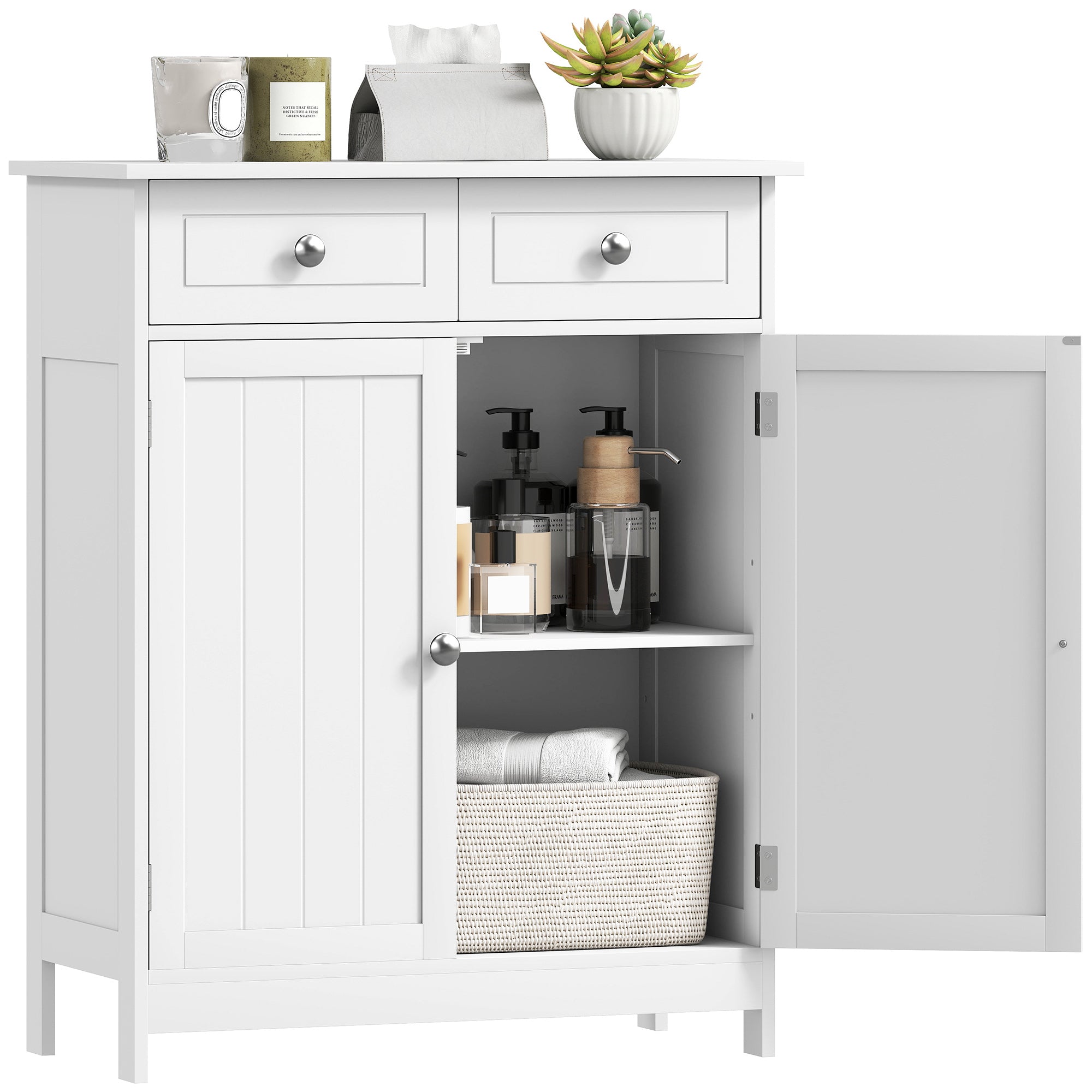kleankin 75x60cm Freestanding Bathroom Storage Cabinet Unit w/ 2 Drawers Cupboard Adjustable Shelf Metal Handles Traditional Style White