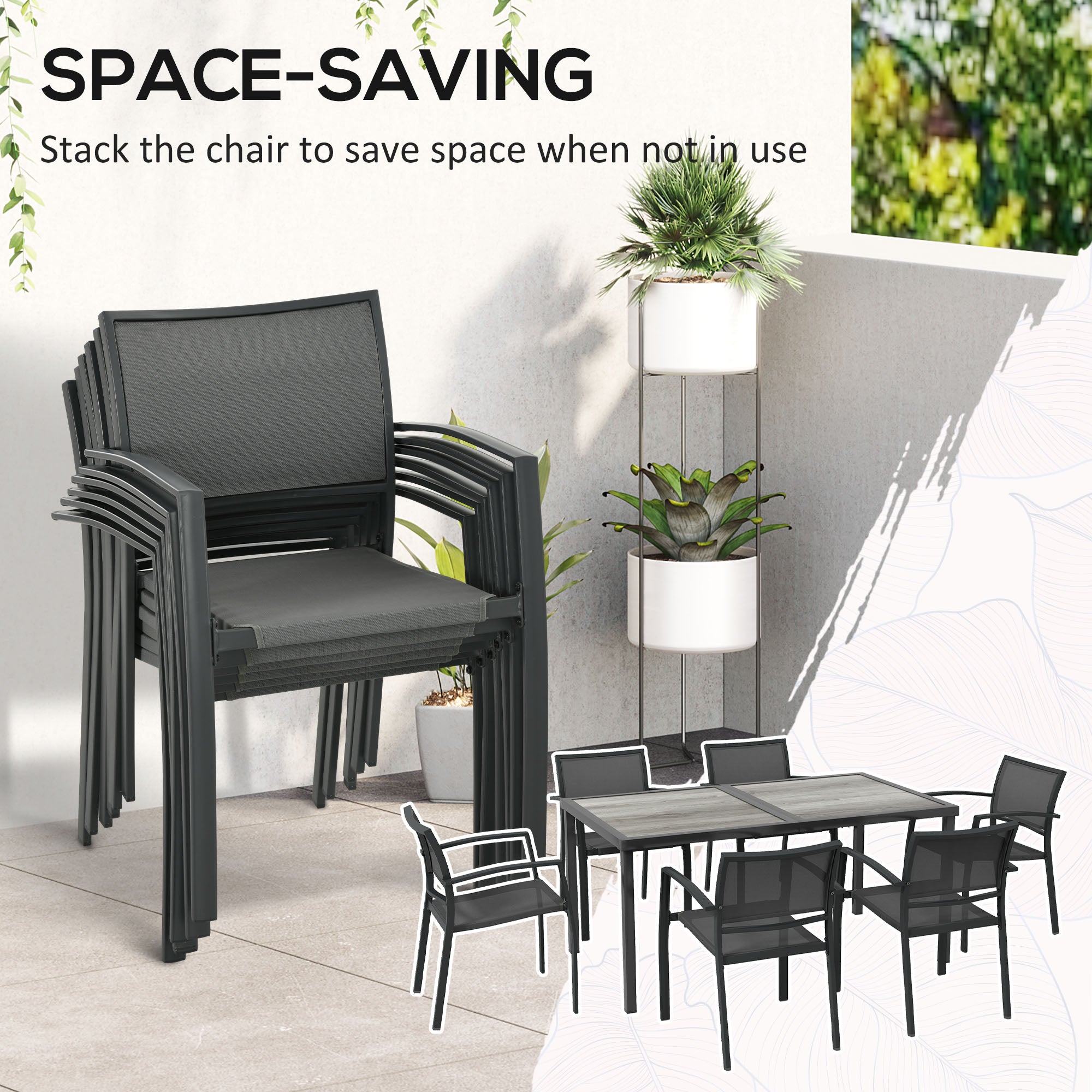 Outsunny Seven-Piece Casual Outdoor Dining Set, with Wood-Effect Table - Grey - North Peak Garden Furniture