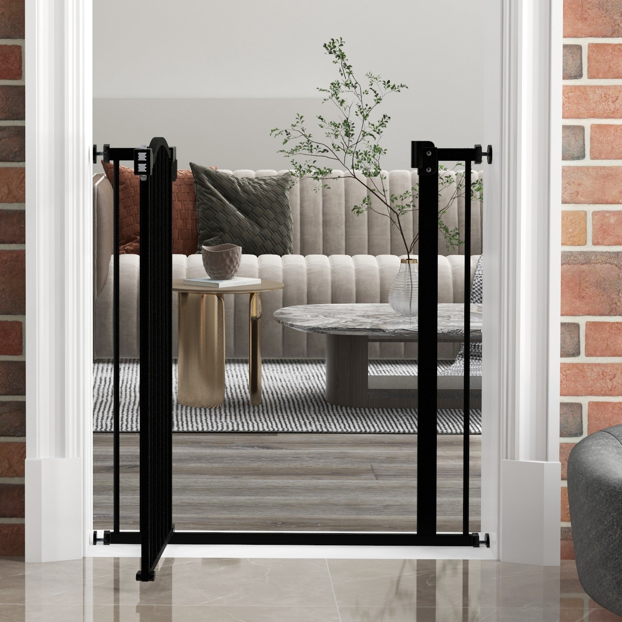 PawHut Metal 74-80cm Adjustable Pet Gate Safety Barrier w/ Auto-Close Door Black - North Peak Garden Furniture