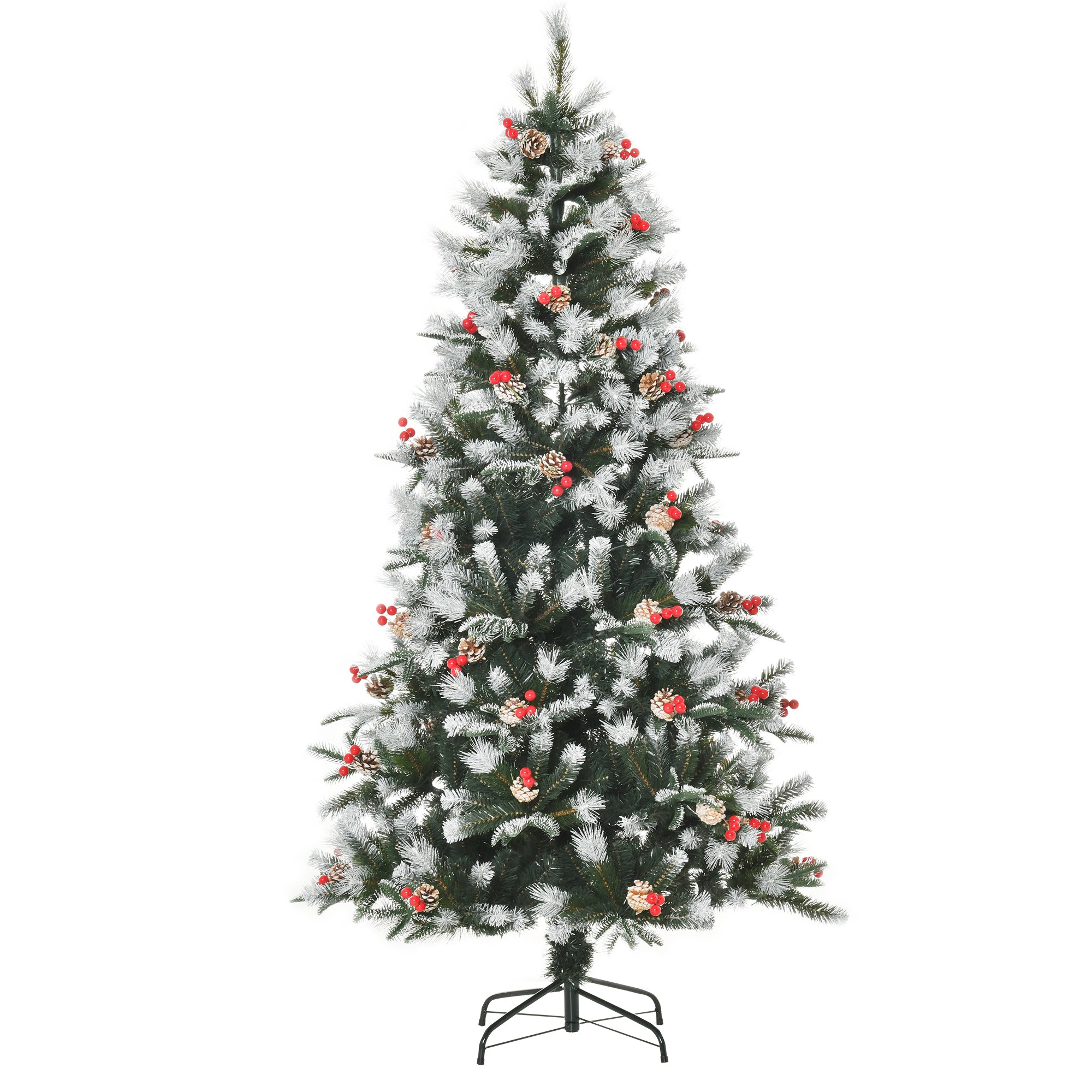 HOMCOM 6FT Artificial Snow Dipped Christmas Tree Xmas Pencil Tree Holiday Home Party Decoration with Foldable Feet Red Berries White Pinecones, Green - North Peak Garden Furniture