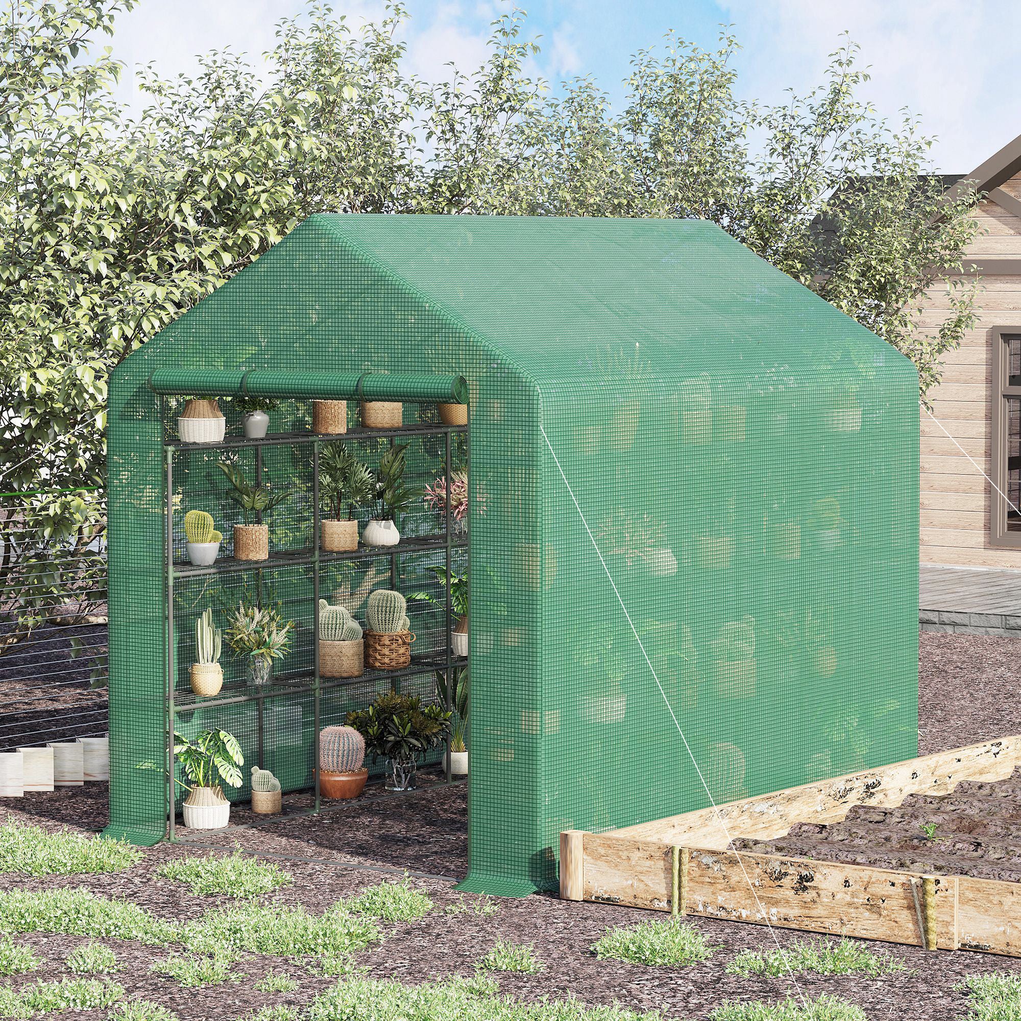 Outsunny Walk-in Greenhouse with 4 Tier 24 Shelves, Portable Grow House with Roll-up Zipped Door, 244 x 180 x 210cm, Green - North Peak Garden Furniture